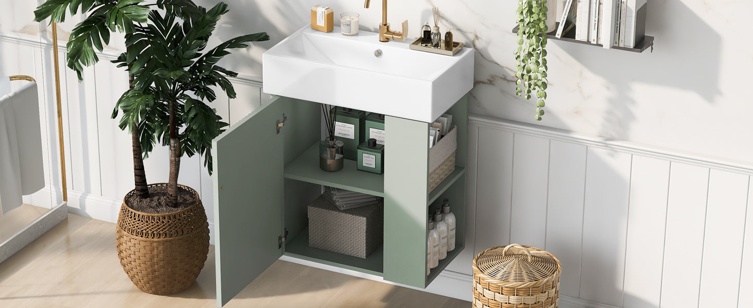 Video 21.6 Inch Modern Floating Bathroom Vanity With Ceramic Basin Perfect For Small Bathrooms, Right Side Storage Green Bathroom Ceramic Mdf