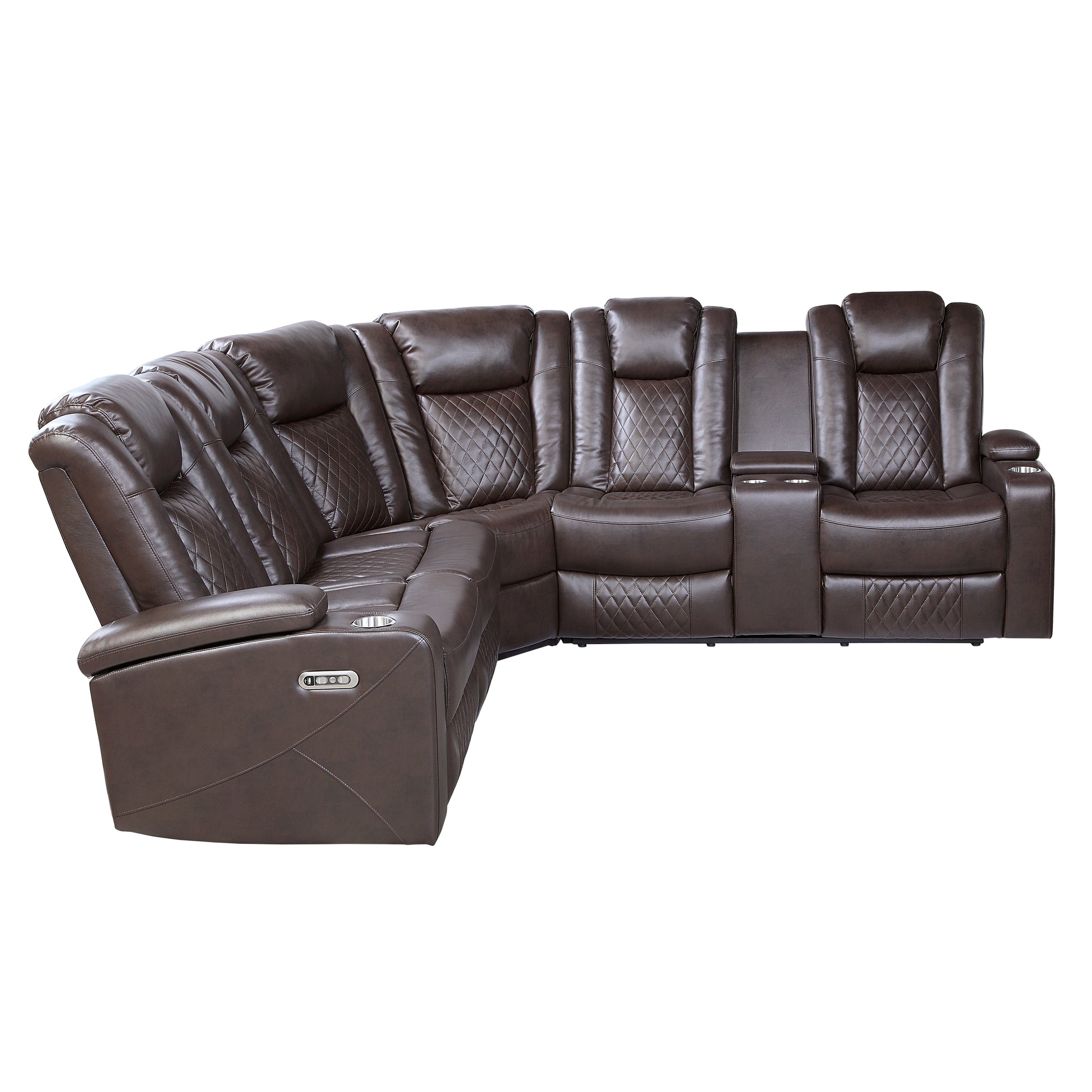 Luxury Living Room 3 Piece Power Reclining Sectional With Drop Down Cup Holders, Reading Lights, Console, Storage Arms With Cup Holders, Plush Seating, Premium Faux Leather Upholstery Dark Brown Faux Leather Wood Primary Living Space Luxury,Modern