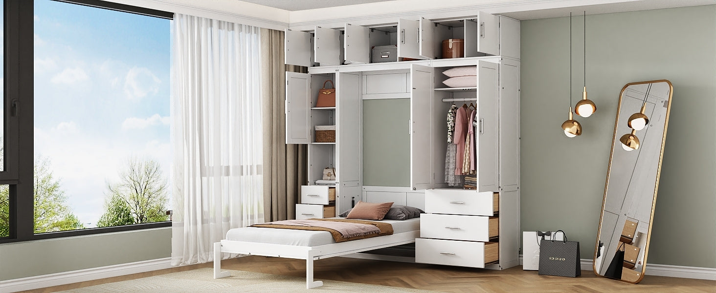 Twin Size Murphy Bed With Lockers And Wardrobes, With Installation Video, White Box Spring Not Required Twin White Murphy Solid Wood Mdf