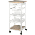 Homcom Mobile Kitchen Cart, Rolling Kitchen Island With Storage, Solid Wood Frame Utility Cart With Wire Fruit Baskets, Trays And Drawer, White White Mdf