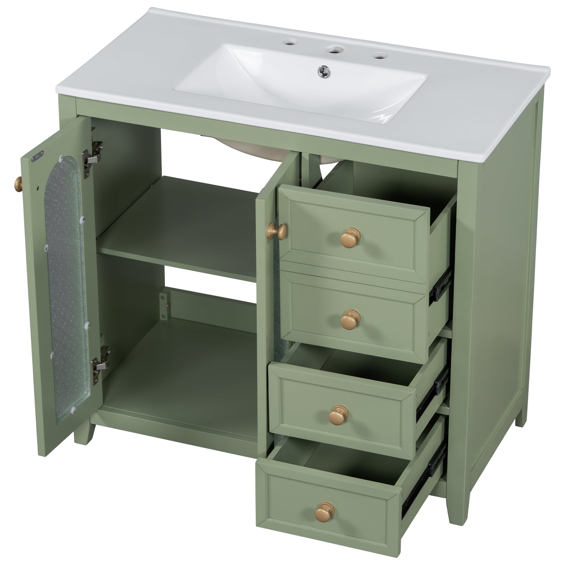 36 Inch Bathroom Vanity With Two Soft Close Doors, Adjustable Shelves And Three Soft Close Drawers Green Bathroom Solid Wood Mdf