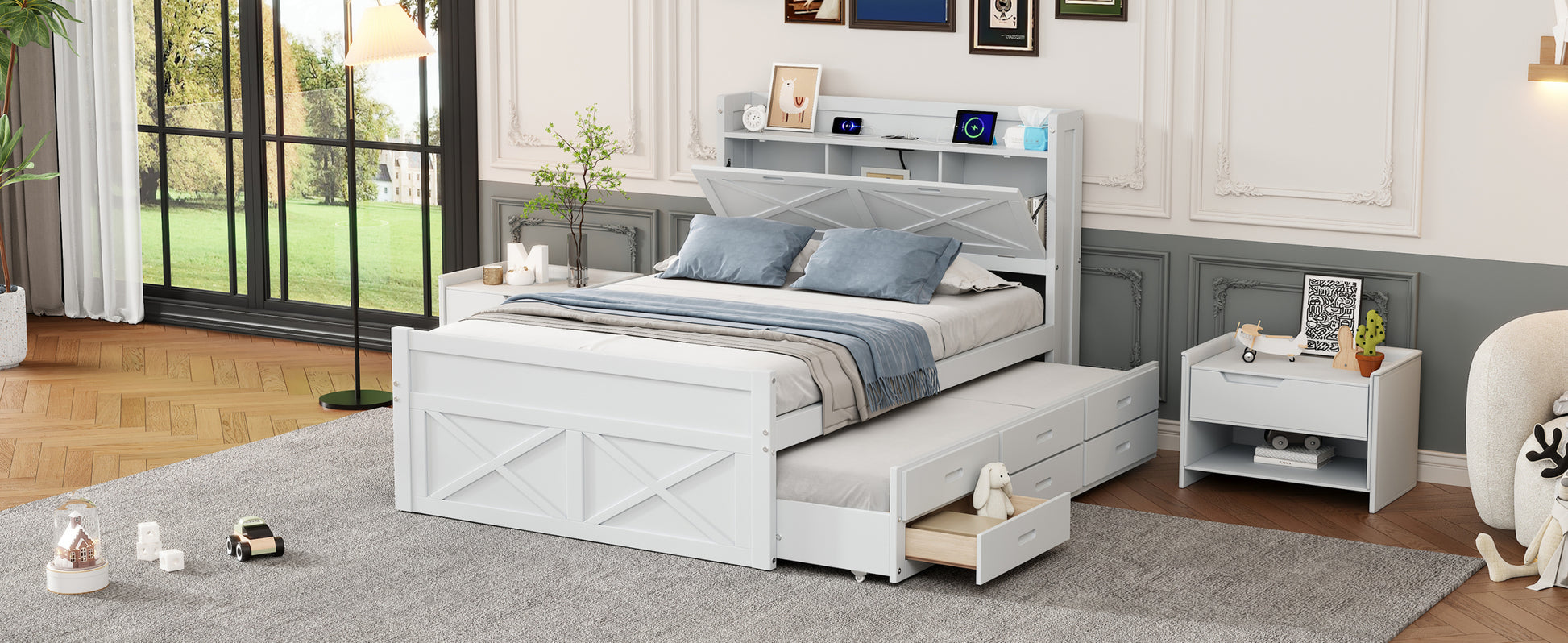 Full Size Wooden Bed With Storage Headboard With Outlets, Extendable Bed With Twin Size Trundle With Three Storage Drawers,White Full White Wood