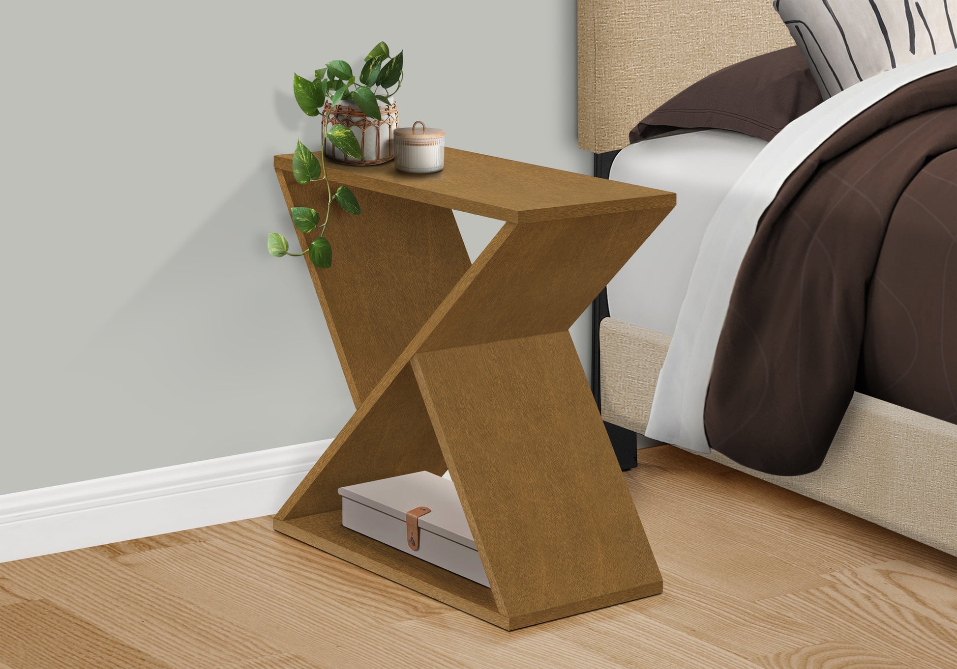 Accent Table, Side, End, Nightstand, Narrow, Small, Bedroom, Living Room, Lamp, Brown Veneer, Contemporary Taupe Mdf