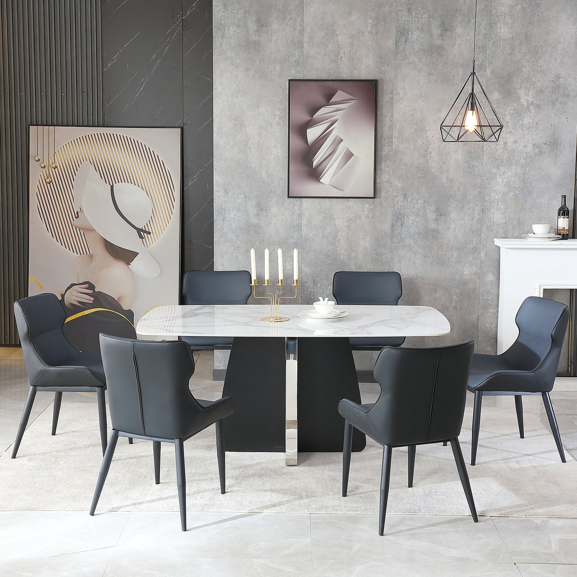 Modern Dining Table For 6, White Dining Table Sintered Stone Dining Table Top With Stainless Steel Base, 63 Inch Modern Luxury White Rectangular Dining Table 6 Chairs Black Dark Walnut,Black White