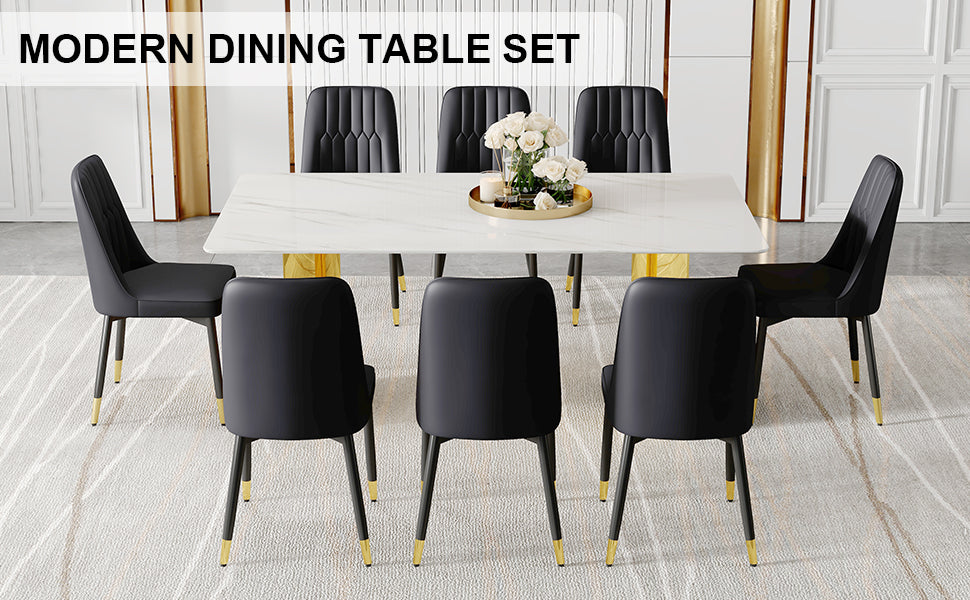 Table And Chair Set.The Table Has A Glass Top With Imitation Marble Pattern Stickers And Stainless Steel Golden Legs. Paried With Chairs With Pu Artificial Leather Backrest Cushions And Black Legs. White Gold Seats 8 Glass Metal
