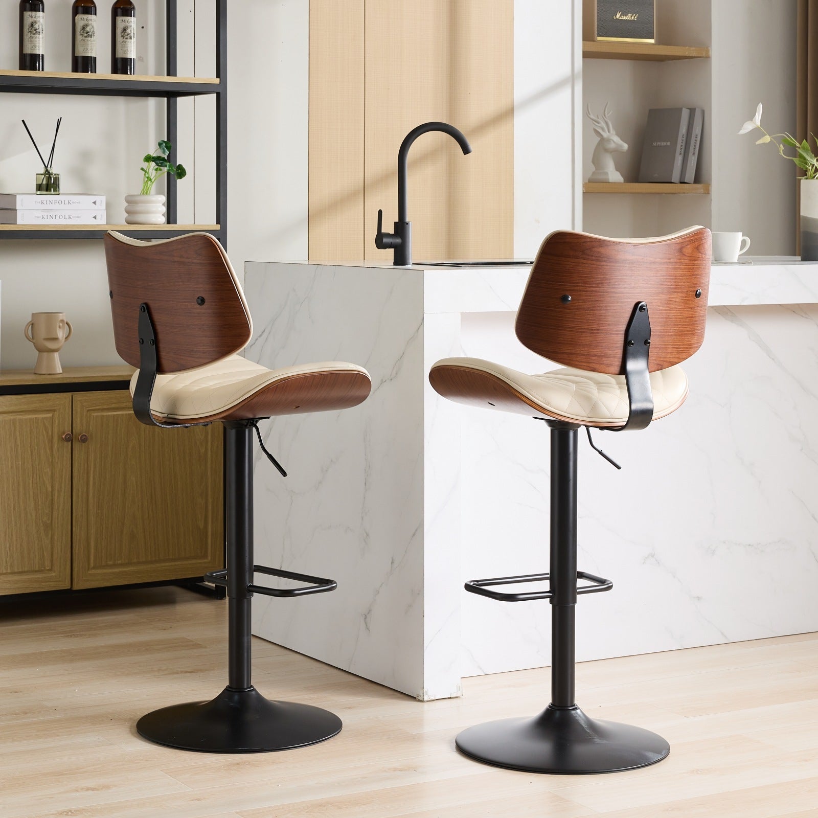 Walnut Bentwood Bar Stools Mid Century Modern Adjustable Counter Height Black Leather Upholstered 360 Swivel Bar Chairs For Kitchen Island Dining Room Cafe, 1 Chair 1Carton,Beige Beige American Design 1 Foam Pu Leather