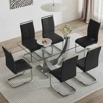 Table And Chair Set. Large Modern Rectangular Table With Glass Top And Silver Metal Legs. Furnished With Soft And Comfortable Pu Chairs With Faux Leather Upholstered Seats And Silver Metal Legs. Black Silver Seats 6 Glass Metal