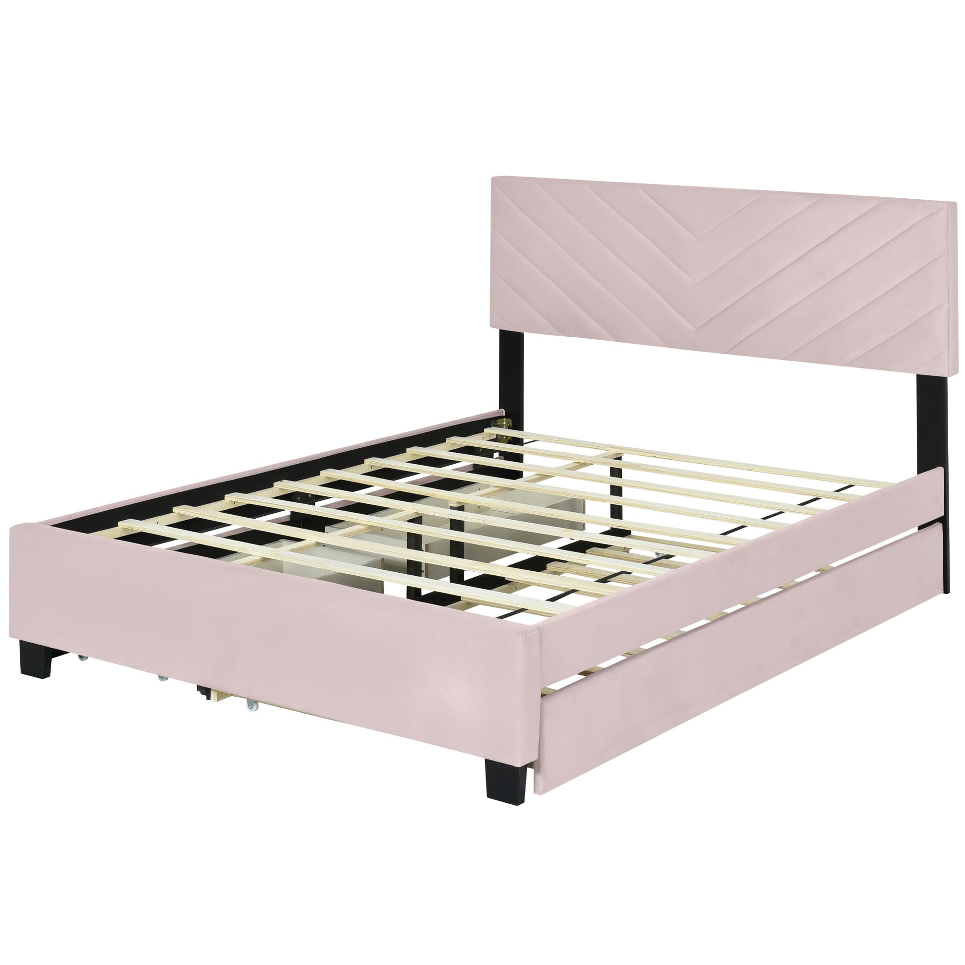 Queen Size Upholstered Platform Bed With Twill Headboard, Pullout Bed And Two Drawers, Flannel,Pink Queen Pink Mdf Lvl