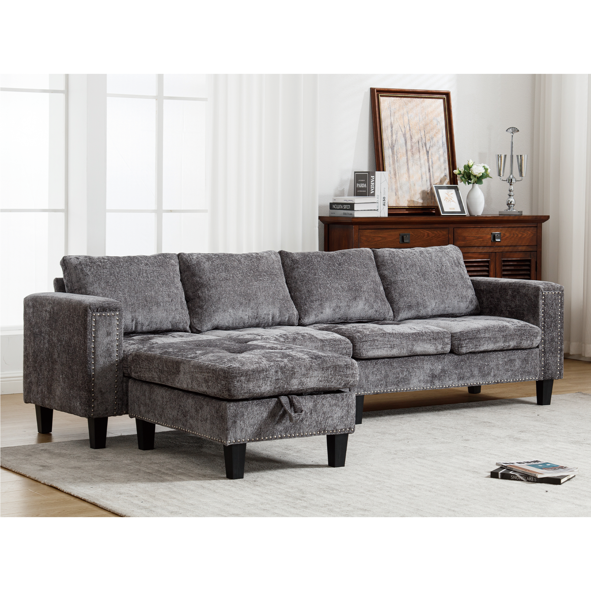 Arrived 5 Seat Modular Sofa,With Storage Ottoman, Convertible Sectional Sofa, L Shaped Couchreversible Chaise ,Riveted Sofa,Chenille, Gray Gray Polyester Wood Primary Living Space Medium Soft Cushion Back Modern Square Arms Foam Metal & Wood 5 Seat