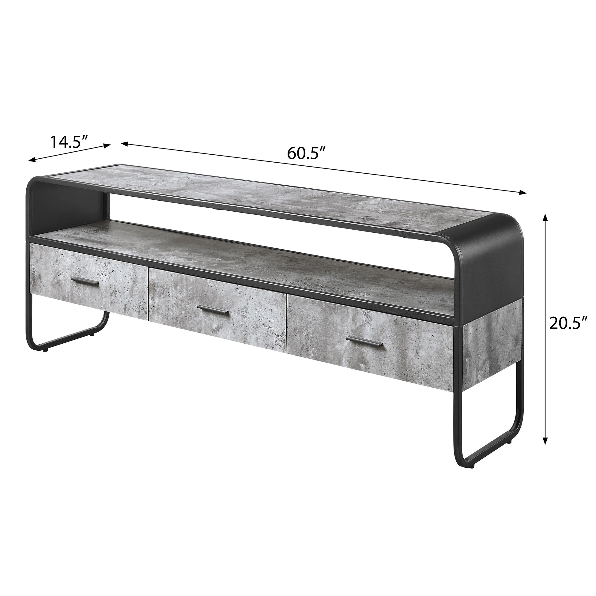 Concrete Grey And Black 3 Drawer Tv Stand Black Grey Primary Living Space 60 69 Inches Industrial Wood Metal