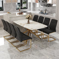 Table And Chair Set.Modern Luxurious Tempered Glass Dining Table Set With Gold Metal Legs And 8 Pu Chairs.White Marble Patterned Sticker Tabletop,Black Chairs With Gold Metal Legs. Black Gold Seats