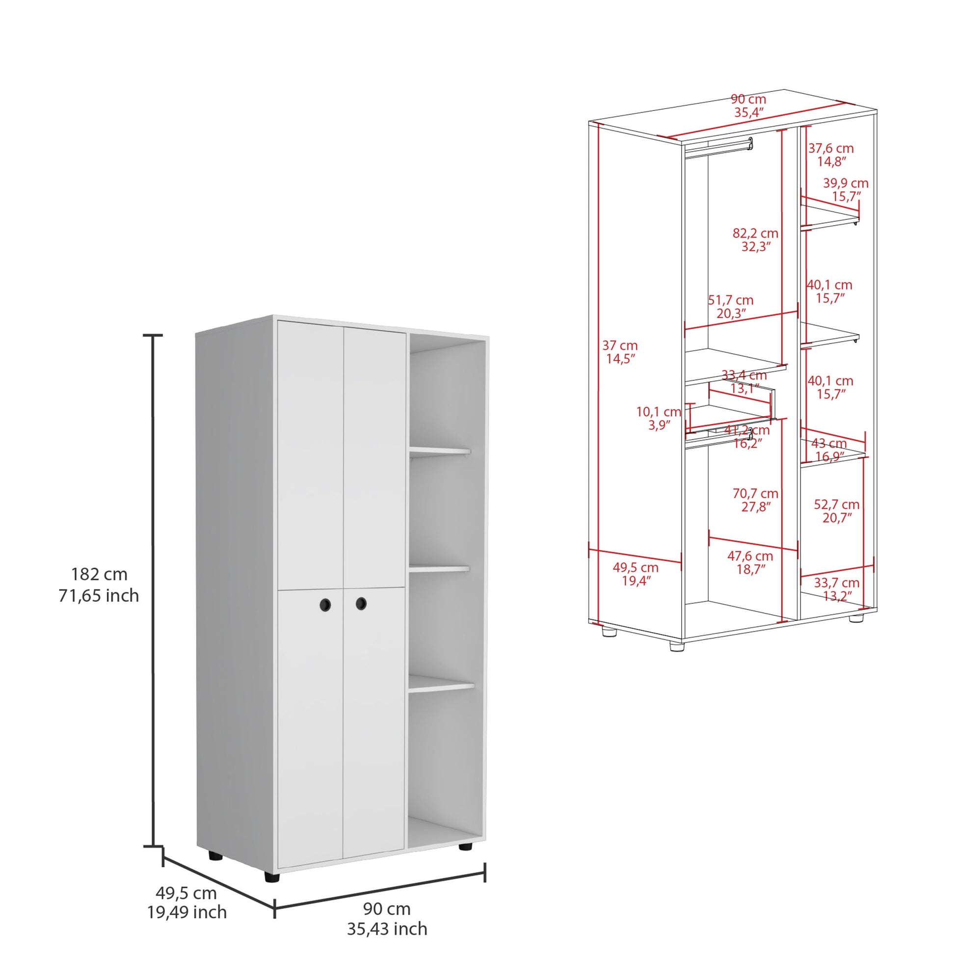 Misuri Wardrobe Armoire With Double Door, Drawer, Hanging Rod, And Open Shelves White White Bedroom Particle Board