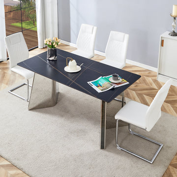 Table And Chair Set.63"X31.5X30" Black Marble Patterned Slabs Tabletop With Stainless Steel Butterfly Legs.Paried With 4 White High Quality Pu Chairs With Silver Metal Legs. White Black Seats 4