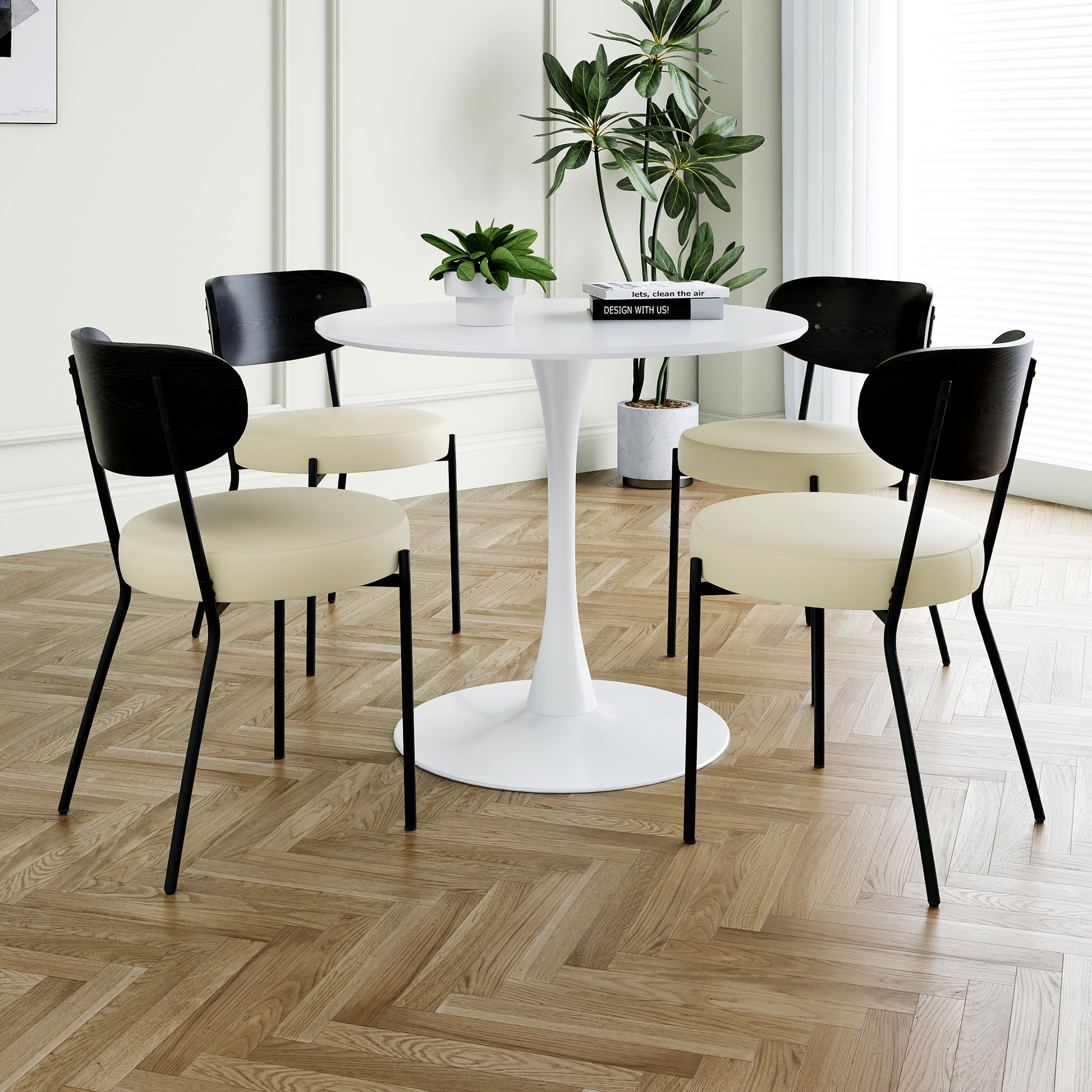 Modern Grey Simple Pu Dining Chair Upholstered Chair Family Bedroom Stool Back Dressing, White Round Table Set, Bentwood Covered With Ash Veneer Chair Back, Chair Black Metal Legs Set Of 5 White Mdf