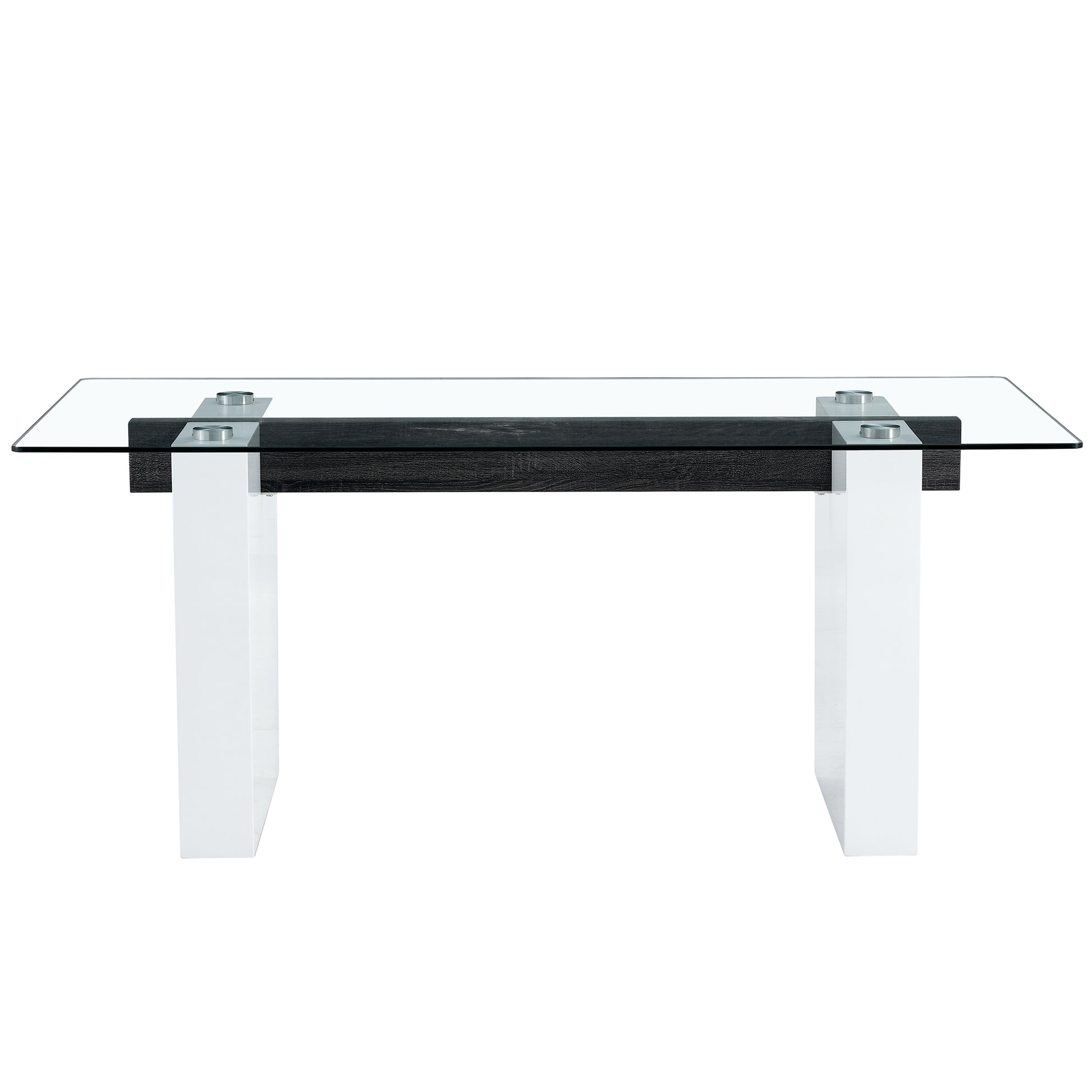 Table And Chair Set. Large Modern Rectangular Table With Glass Top And Large Mdf Legs. Comes With 6 Chairs With Faux Leather Upholstered Seats And Silver Metal Legs. White Black Seats 6 Mdf Glass