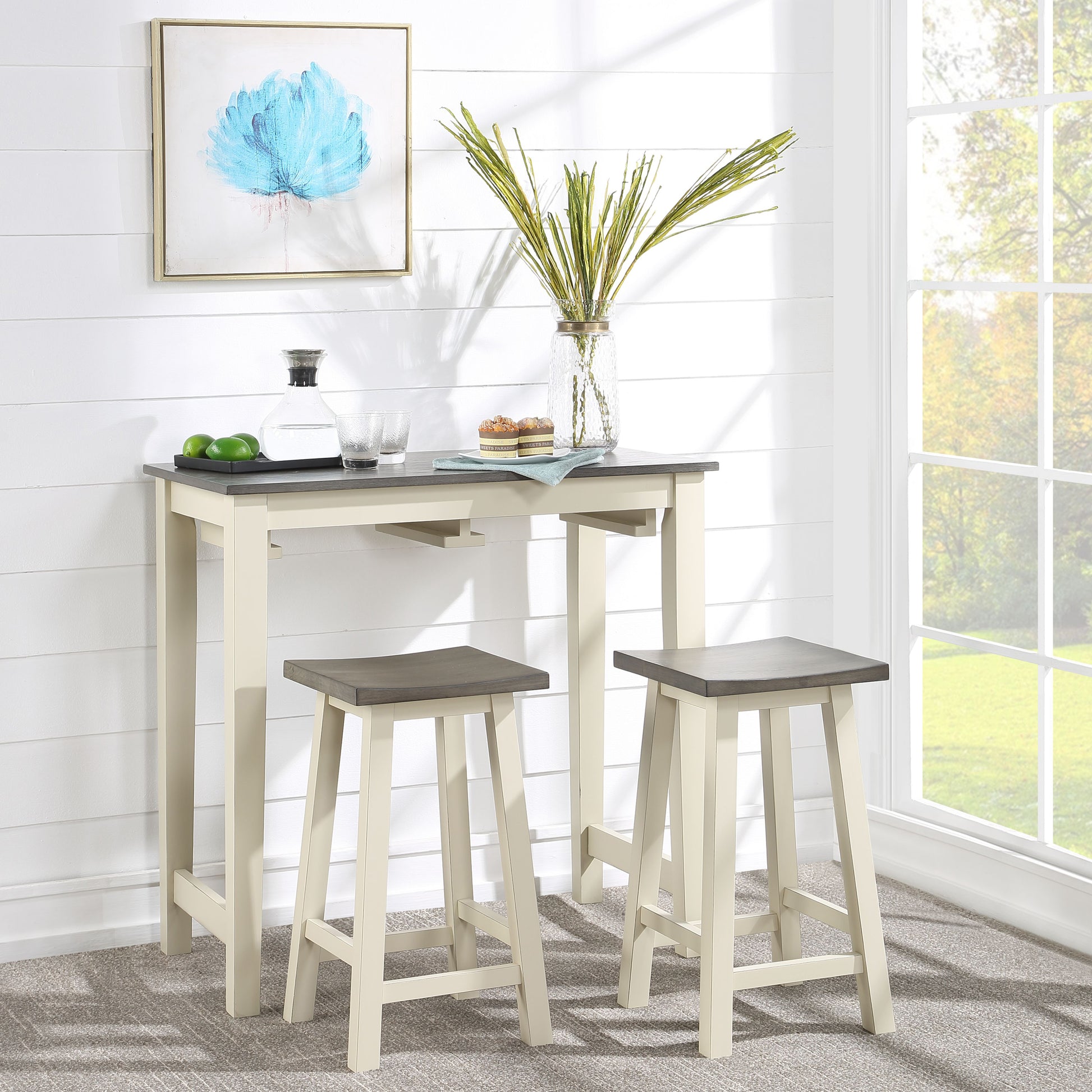 Grey Oak And Antique White 3 Piece Counter Height Set Grey White Kitchen Rubberwood Wood