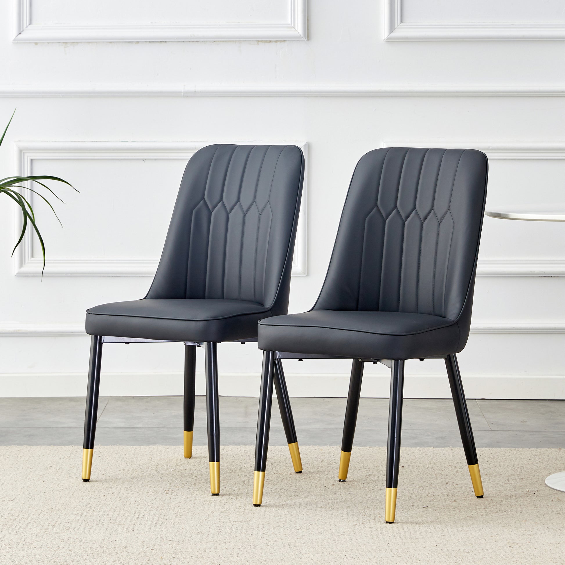 Large Modern Minimalist Rectangular Dining Table With 0.39 "Imitation Marble Black Tabletop And Golden Metal Legs, Paired With Chairs With Pu Cushions And Black Metal Legs. F 1537 C 007 Black Gold Glass Metal