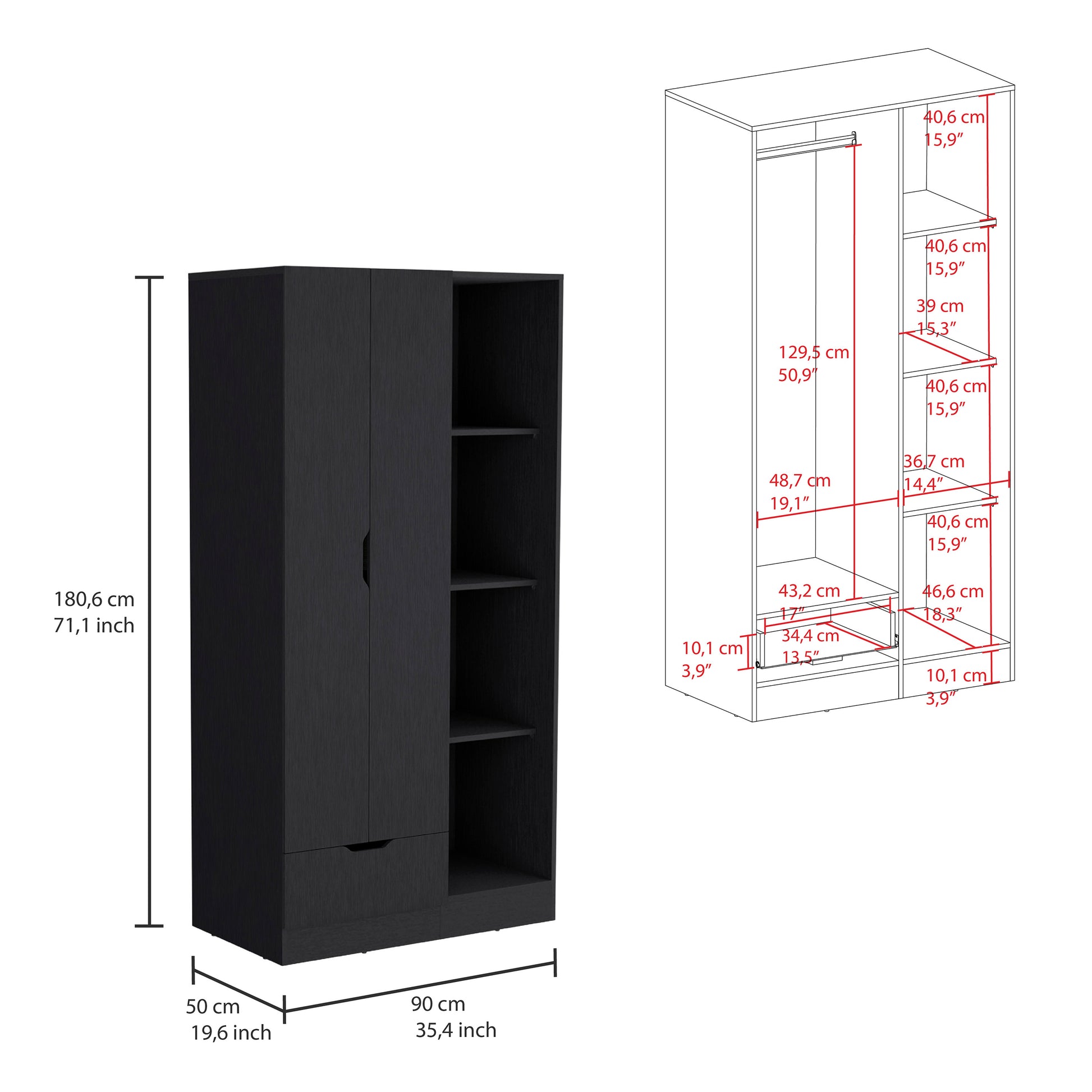 Memphis Wardrobe Armoire With 4 Tier Storage Shelves And 1 Drawer Black Black Bedroom Particle Board