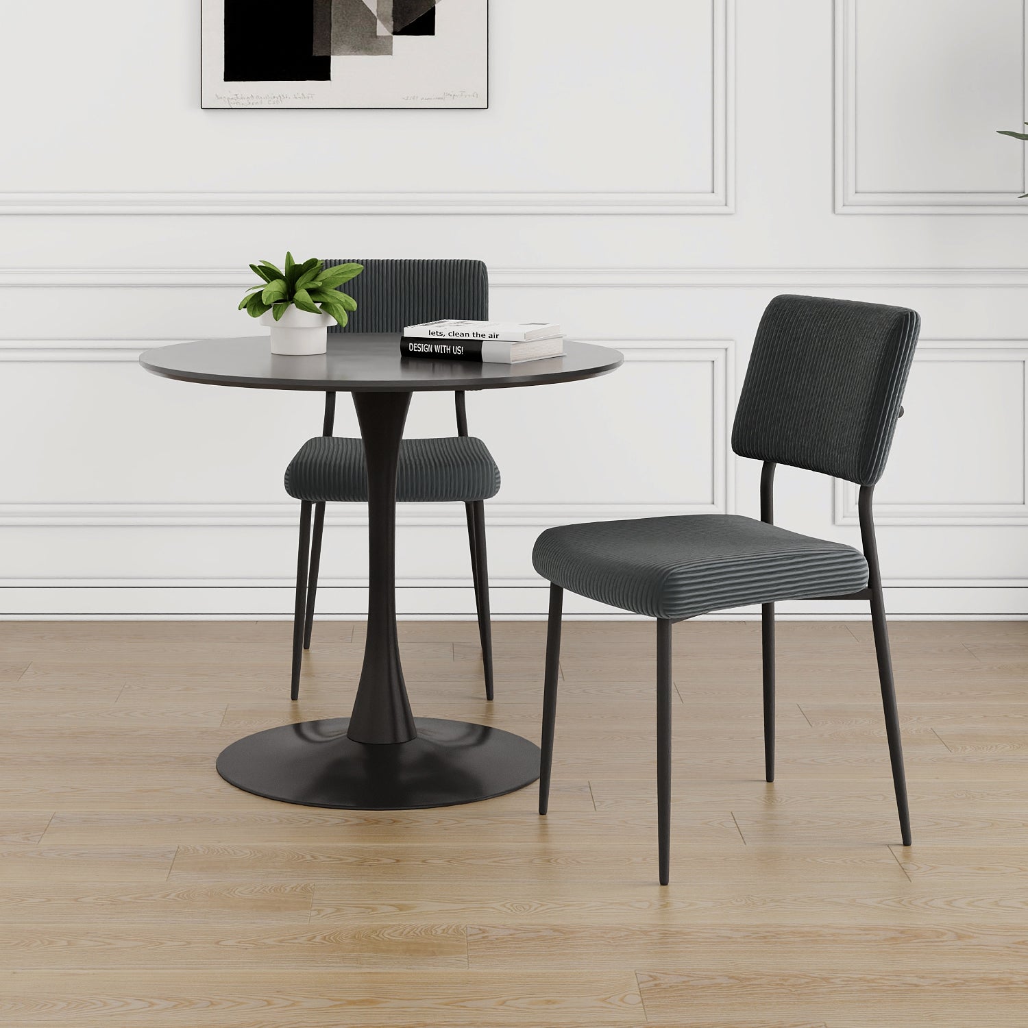 Modern Grey Simple Velvet Dining Chair Fabric Upholstered Chair Family Bedroom Stool Back Dressing, Black Round Table Set, Chair Black Metal Legs Set Of 3 Black Mdf