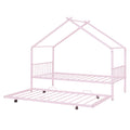 Twin Size Metal House Bed With Twin Size Trundle, Pink Twin Pink Metal
