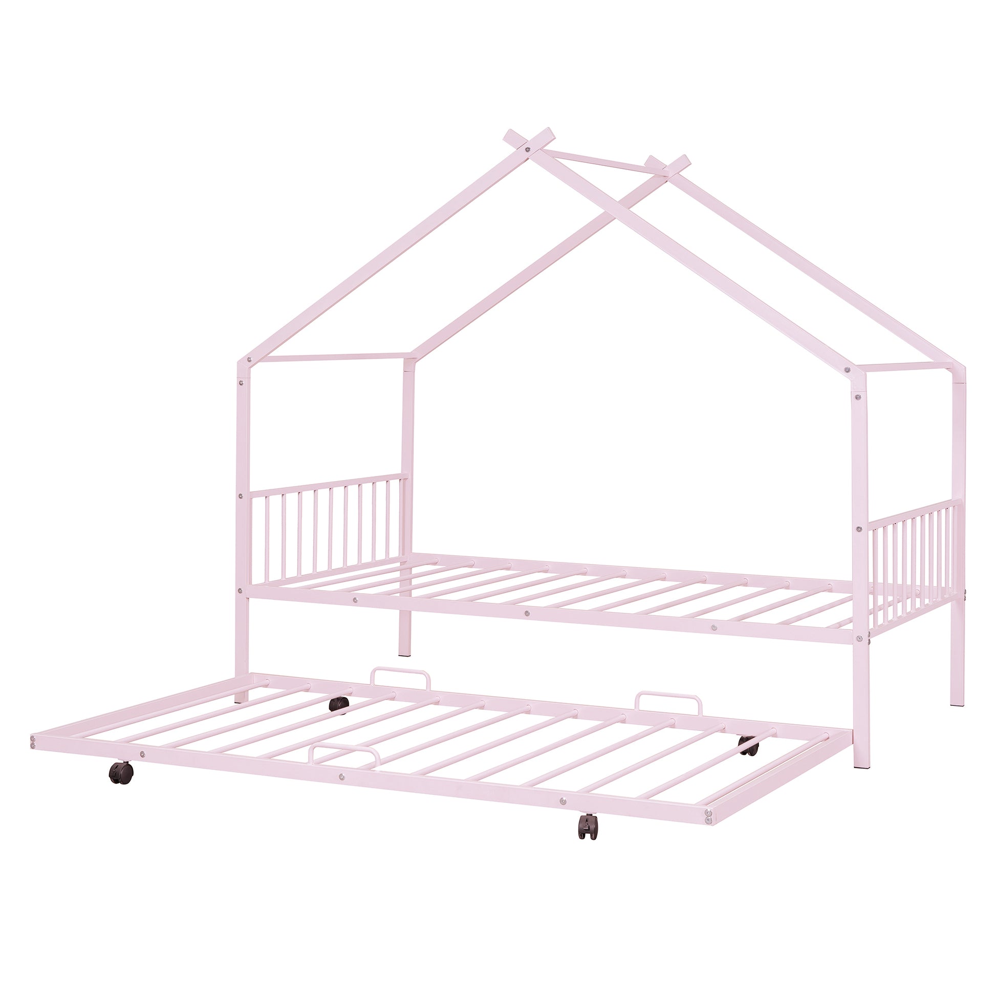 Twin Size Metal House Bed With Twin Size Trundle, Pink Twin Pink Metal