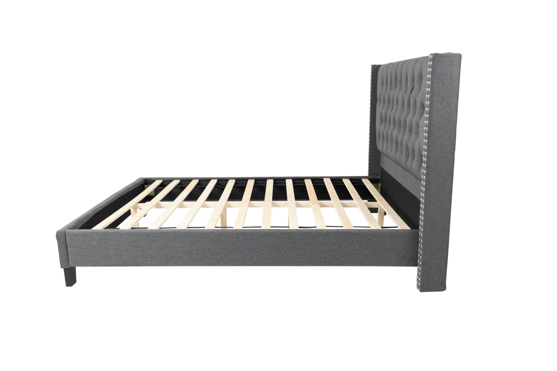 Queen Bed In Blue Gray Box Spring Not Required Queen Gray Fabric