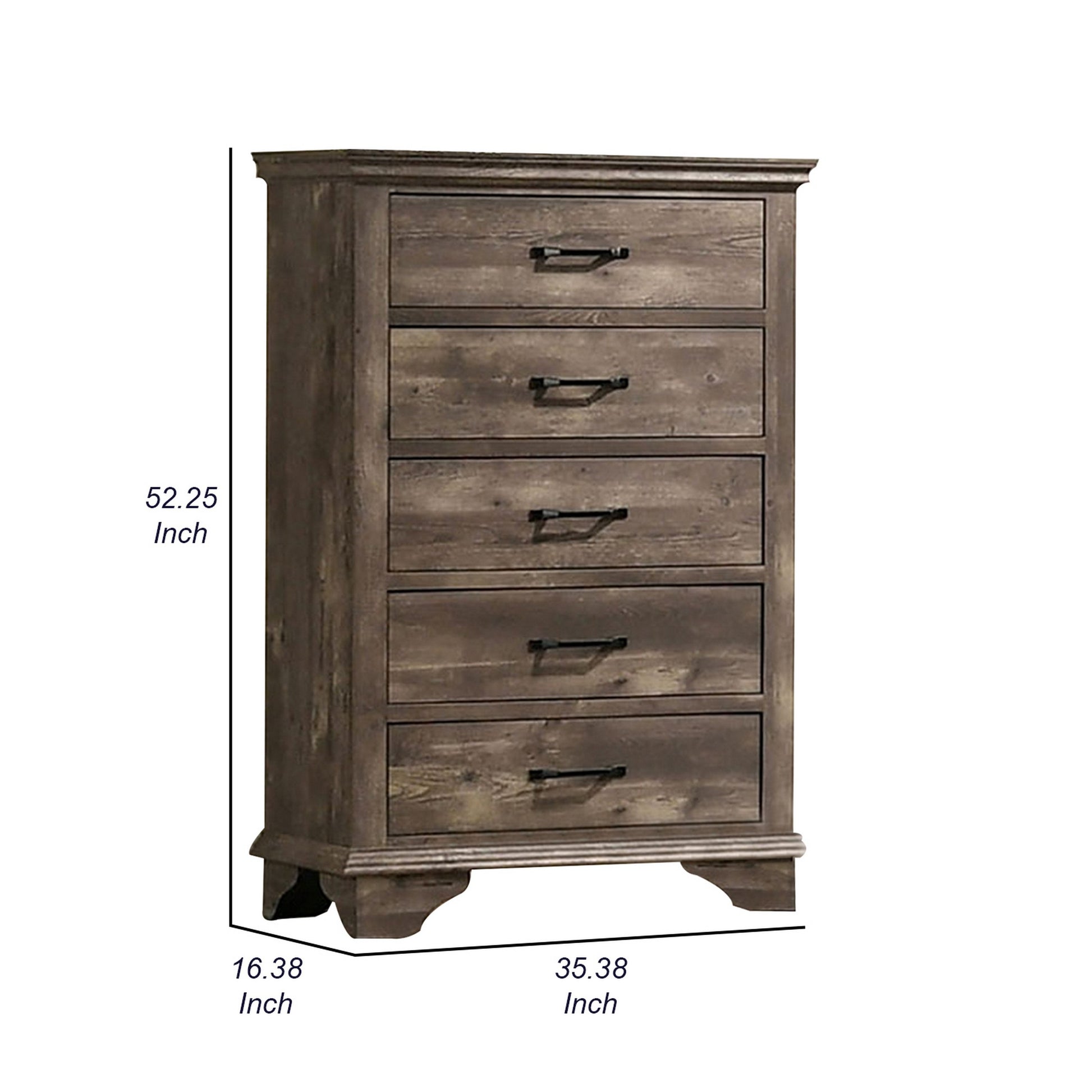 Fiza 52 Inch Tall Dresser Chest, 5 Gliding Drawers, Rustic Gray Solid Wood Gray Solid Wood