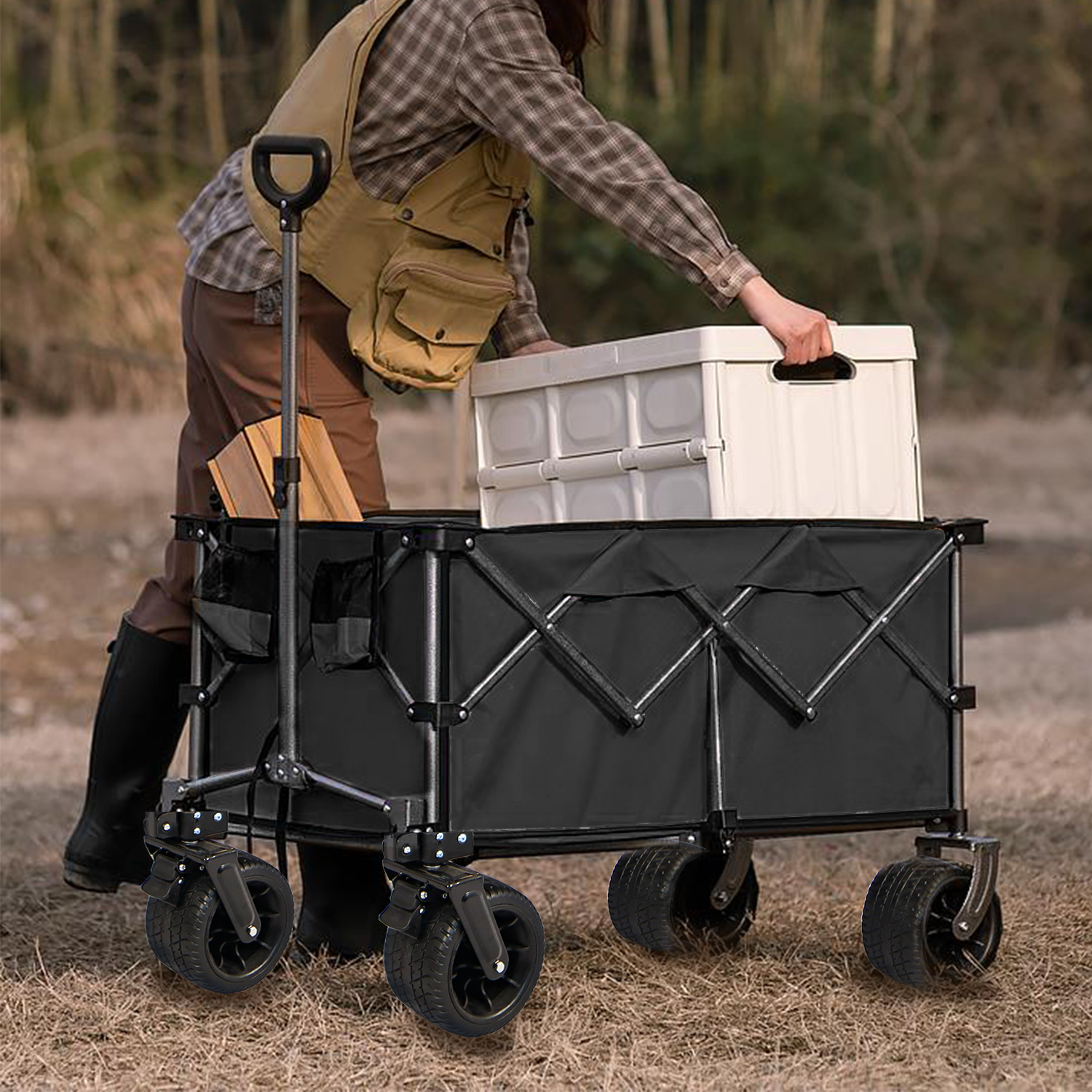 Collapsible Folding Wagon, Push Pull Foldable Beach Wagon Cart Black Steel