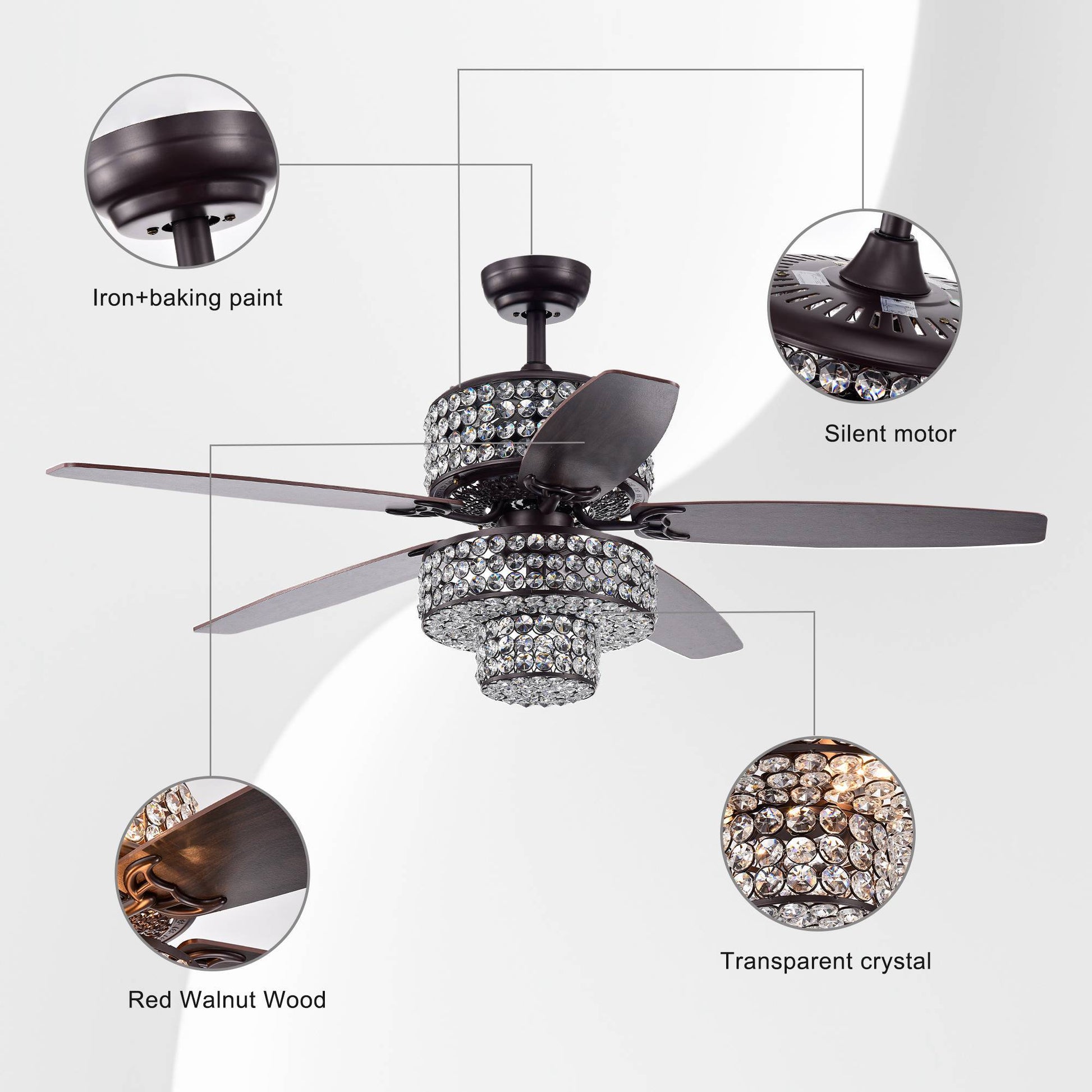 52 In Farmhouse Dual Crystal Shade 5 Blade Reversible Ceiling Fan With Light Kit And Remote 3 Speed High, Mid, Low No Include Bulb Matte Black American Design,American Traditional,Antique,Farmhouse,Industrial Plywood Metal