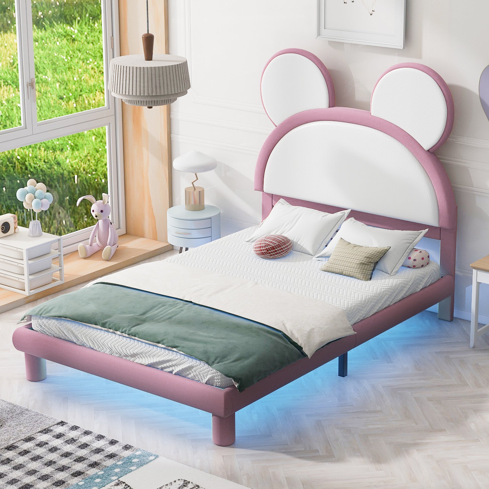 Full Size Upholstered Platform Bed With Cartoon Ears Shaped Headboard And Led, White&Pink Box Spring Not Required Full White Pink Bedroom Bed Frame Faux Leather Upholstered