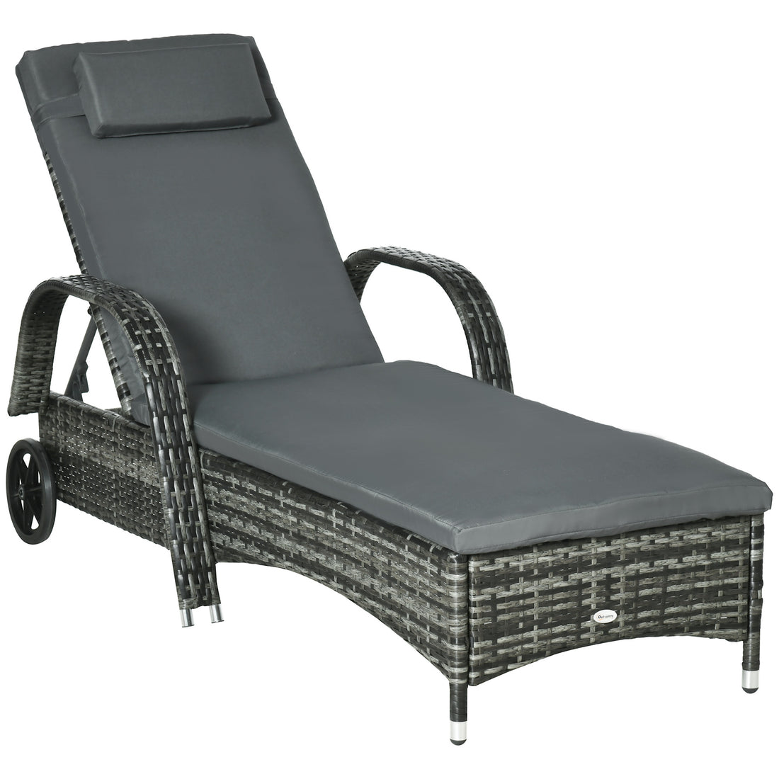 Outsunny Wicker Outdoor Chaise Lounge, 5 Level Adjustable Backrest Pe Rattan Pool Lounge Chair With Wheels, Cushion & Headrest, Mixed Gray And Charcoal Gray Gray Rattan Metal