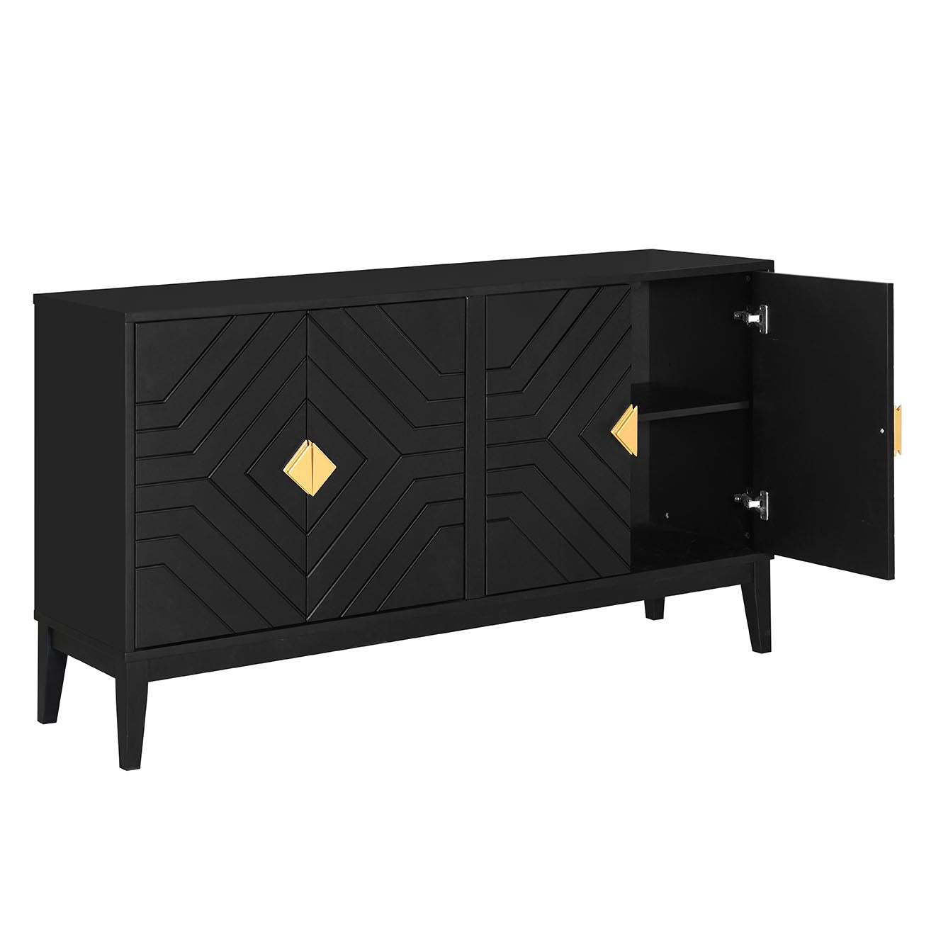 4 Door Sideboard Storage Cabinet For Living Room And Dining Room, Two Large Cabinets With Gold Handles And Adjustable Shelf, Black Black Rubberwood Solid Wood Mdf