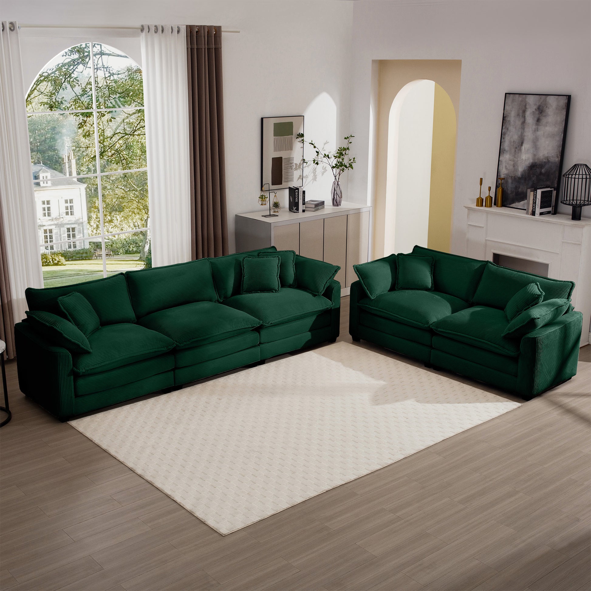 Modern Fabric Living Room Sofa Two Piece Set, Two 2 Seater Sofas With 8 Cushion Upholstery Large Deep Seat Recliner, Green Corduroy Fabric Green Corduroy 5 Seat