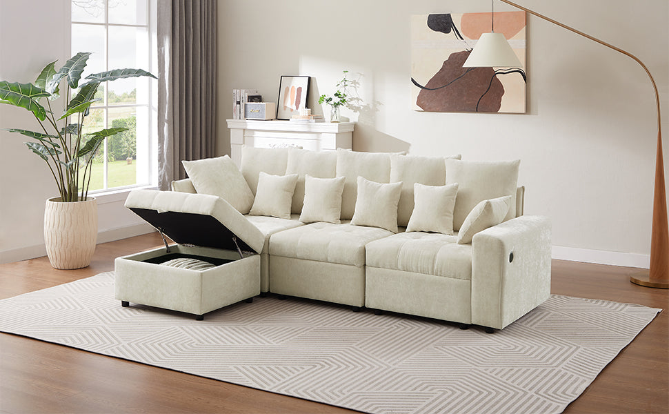 96.45"Sectional Sofa Modular Sofa Couch With Three Usb Ports, A Removable Storage Ottoman And Five Back Pillows For Living Room, Beige Beige Foam Chenille 4 Seat