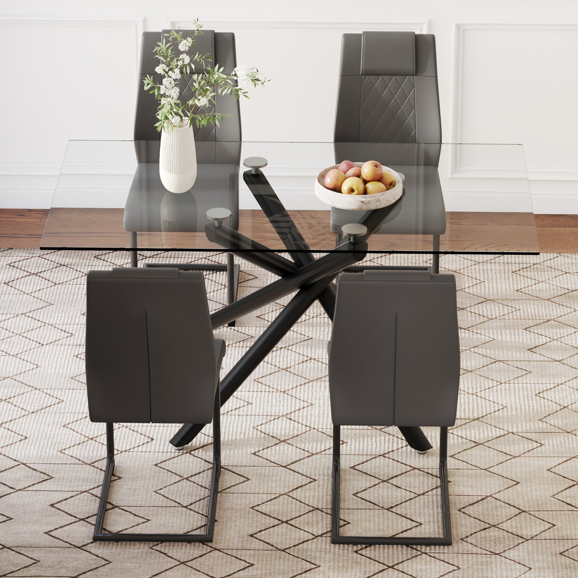 Table And Chair Set.Modern Rectangular Glass Dining Table With 0.39" Tempered Glass Tabletop And Black Metal Legs.Paired With Multiple Chairs Designed With Pu Cushions And Black Metal Legs. Black Grey Seats 4 Tempered Glass