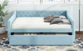 Full Size Upholstered Tufted Daybed With Twin Size Trundle, Blue Box Spring Not Required Full Blue Wood Daybeds Velvet Upholstered