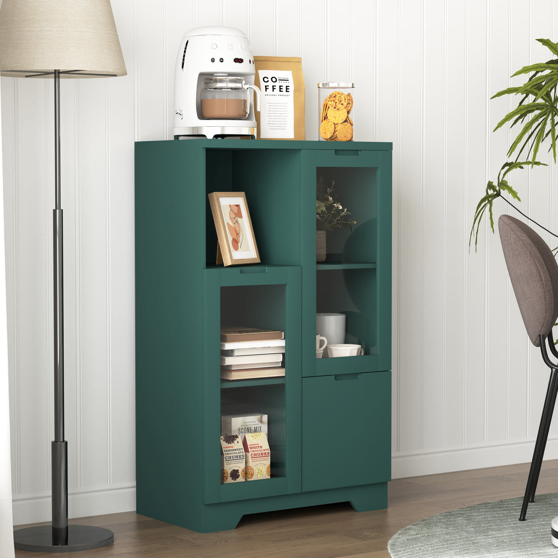 Wooden Floor Cabinet With 2 Glass Doors And 2 Storage Space,Blue Living Room Bathroom Entryway Green Green Mdf