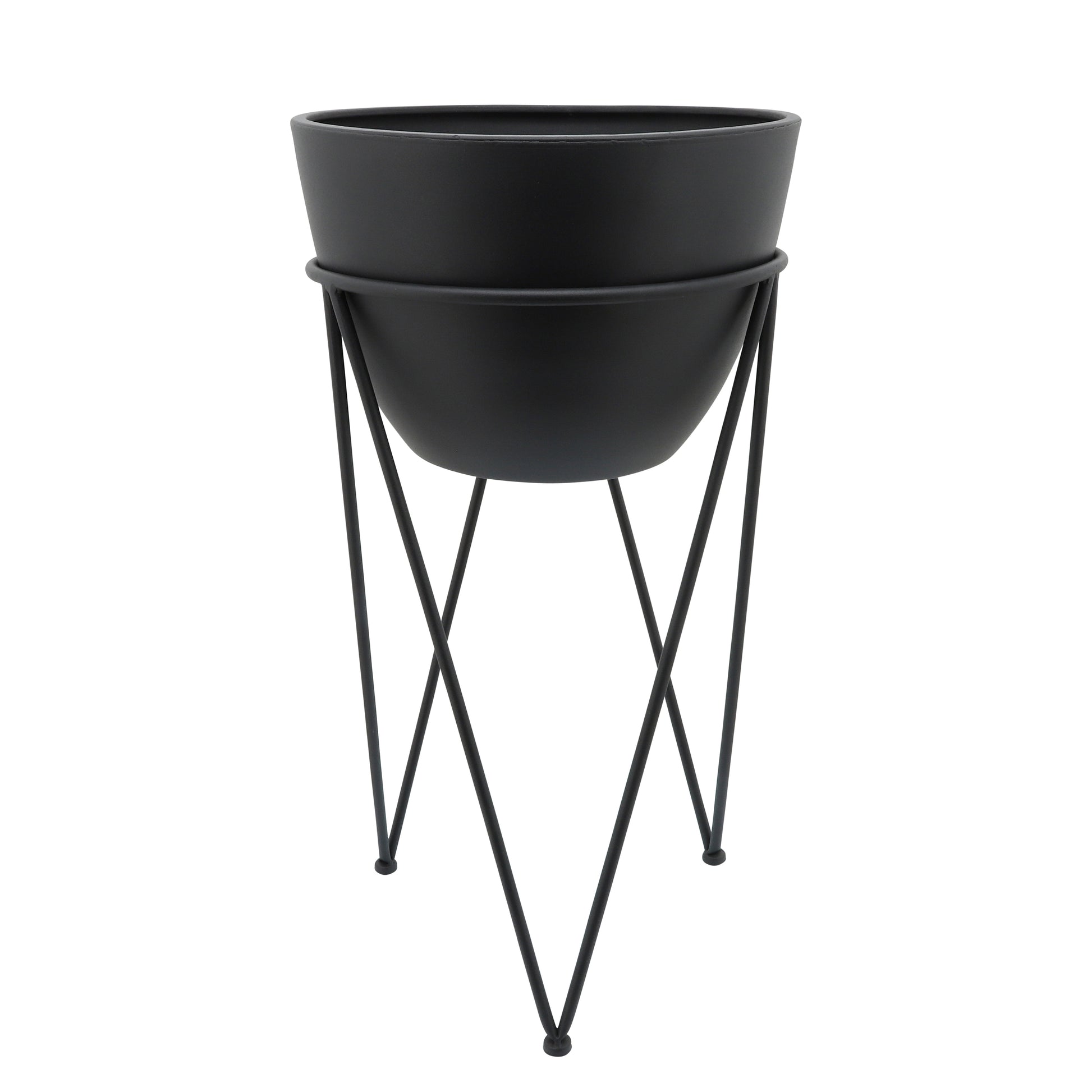 Metal 14" Planter In Stand, Black Black Iron