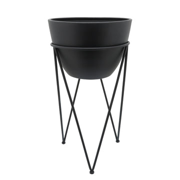 Metal 14" Planter In Stand, Black Black Iron