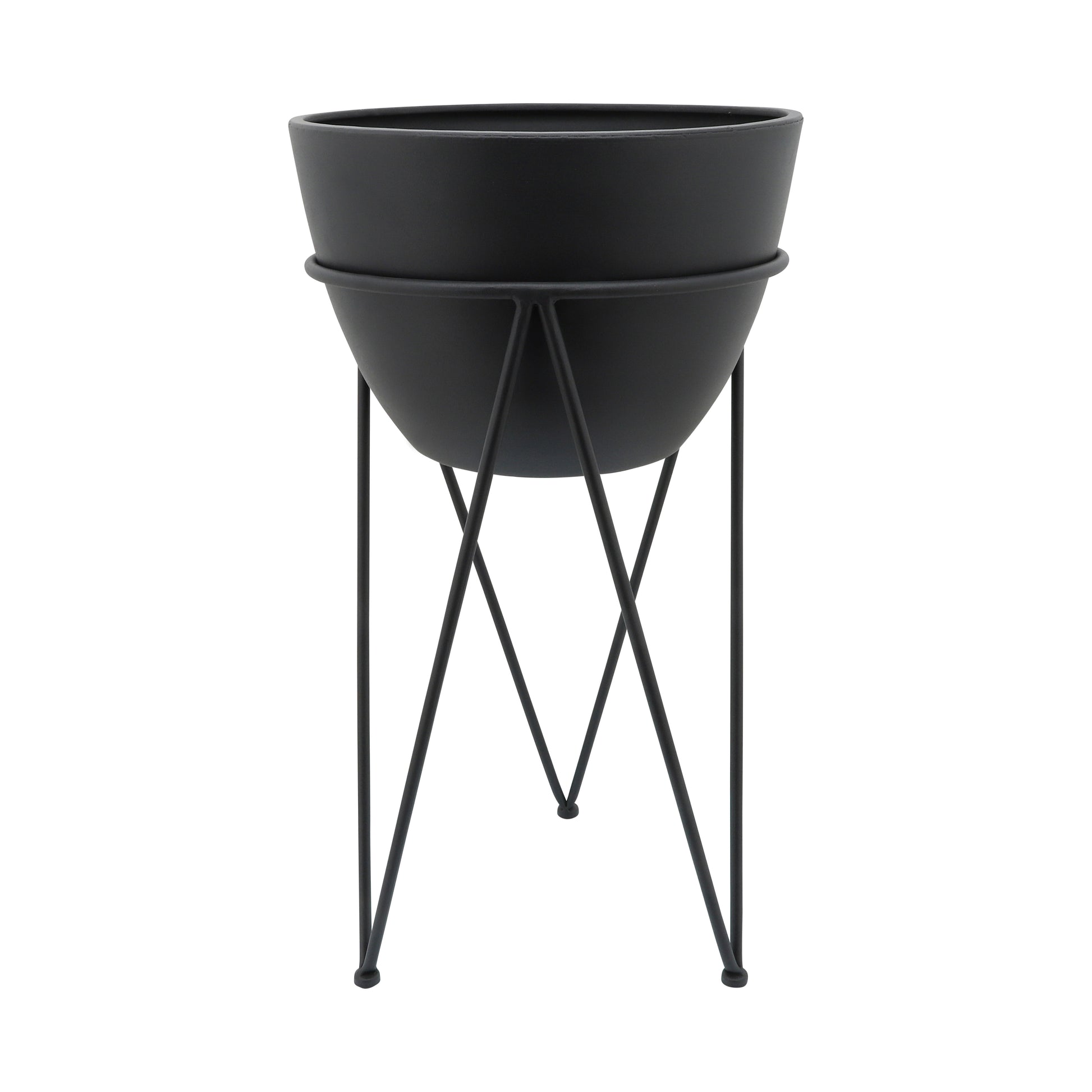 Metal 14" Planter In Stand, Black Black Iron