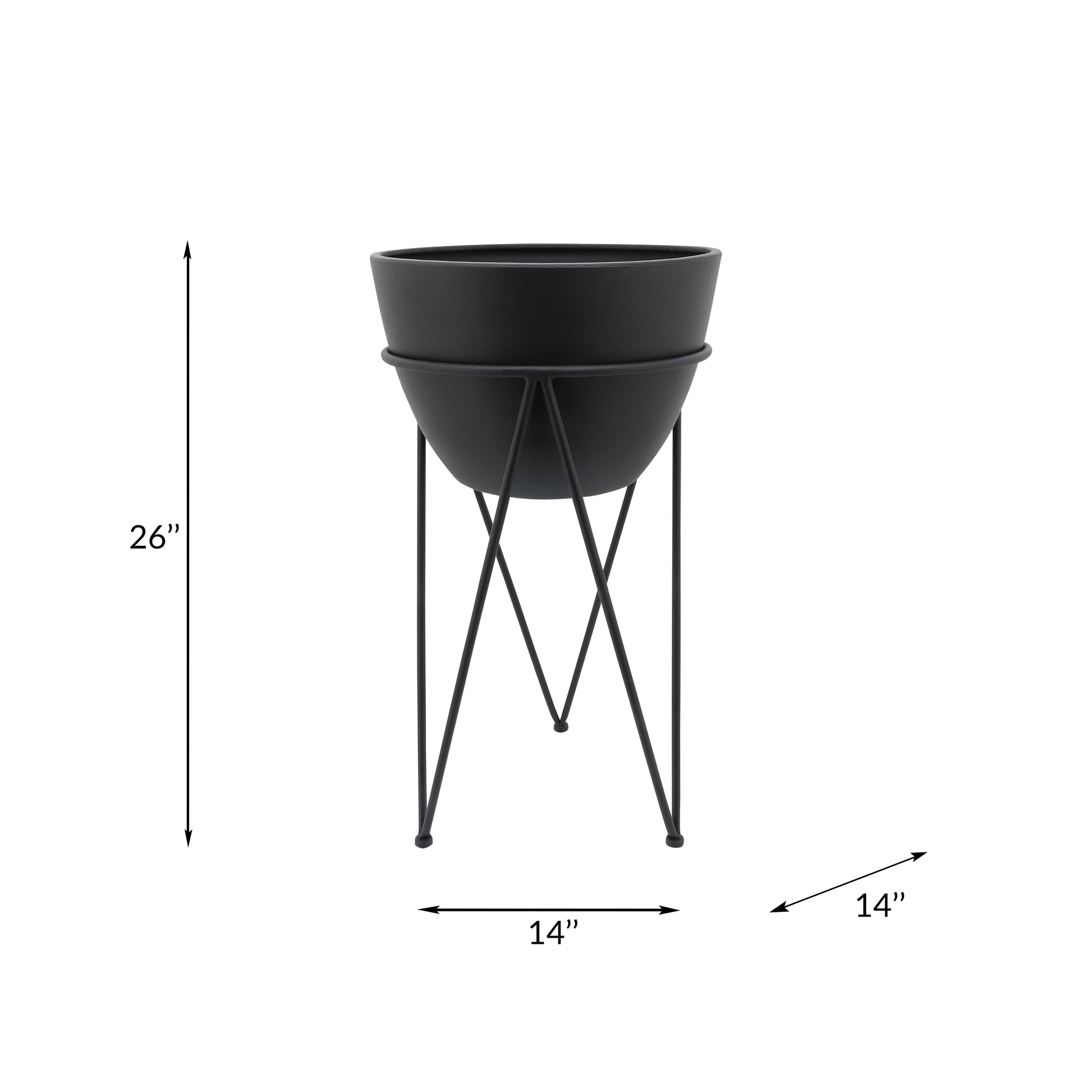 Metal 14" Planter In Stand, Black Black Iron