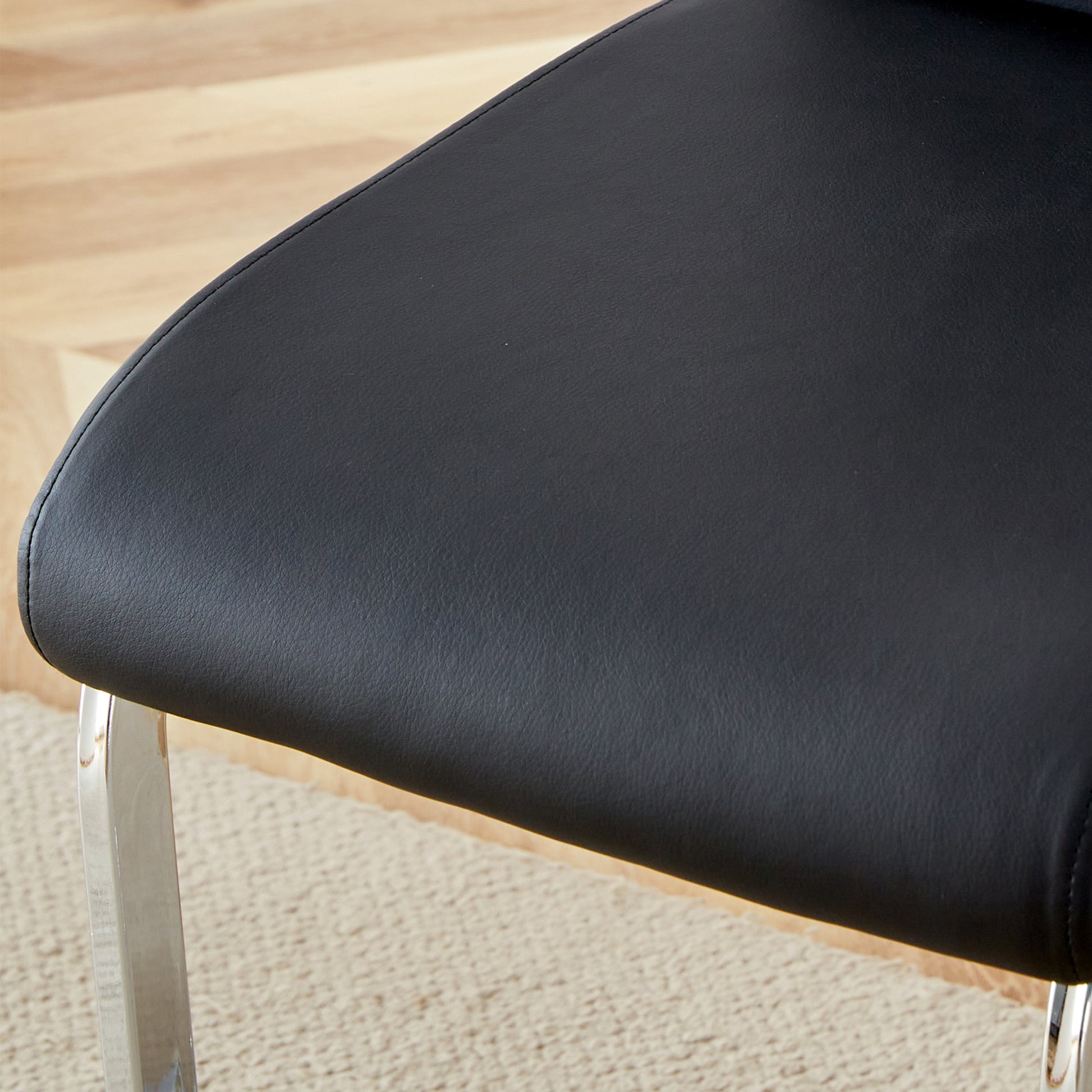 Table And Chair Set. A Rectangular Glass Dining Table With A 0.4 Inch Tempered Glass Tabletop And Mdf Board V Shaped Bracket, Paired With 2 Chairs Consisting Of Pu Seat Cushions And Silver Metal Legs. Black Seats 2 Tempered Glass