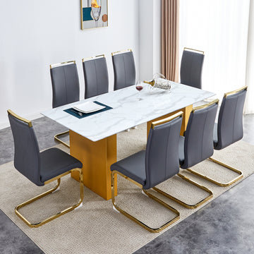 Table And Chair Set.Large Modern Rectangular Table With 0.4 Inch Patterned Glass Tabletop And Large Mdf Table Legs.Comes With 8 Chairs With Faux Leather Cushioned Seats And Golden Metal Legs. Gold White Seats 8 Mdf Glass