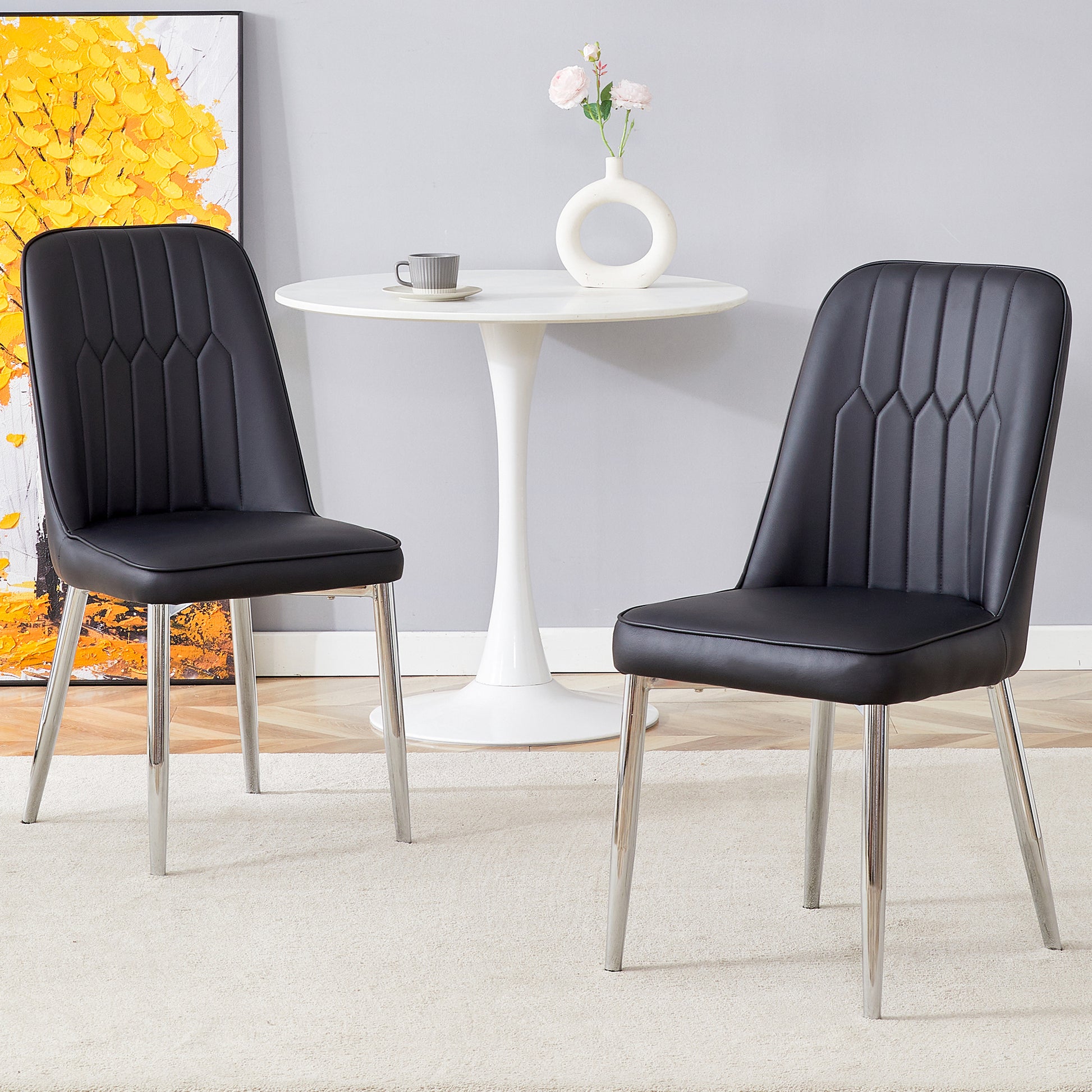 2 Modern Dining Chairs, Smooth Pu Leather Backrest And Silver Toned Metal Legs For A Comfortable Home Experience For Kitchens, Bedrooms And Offices. Black Pu