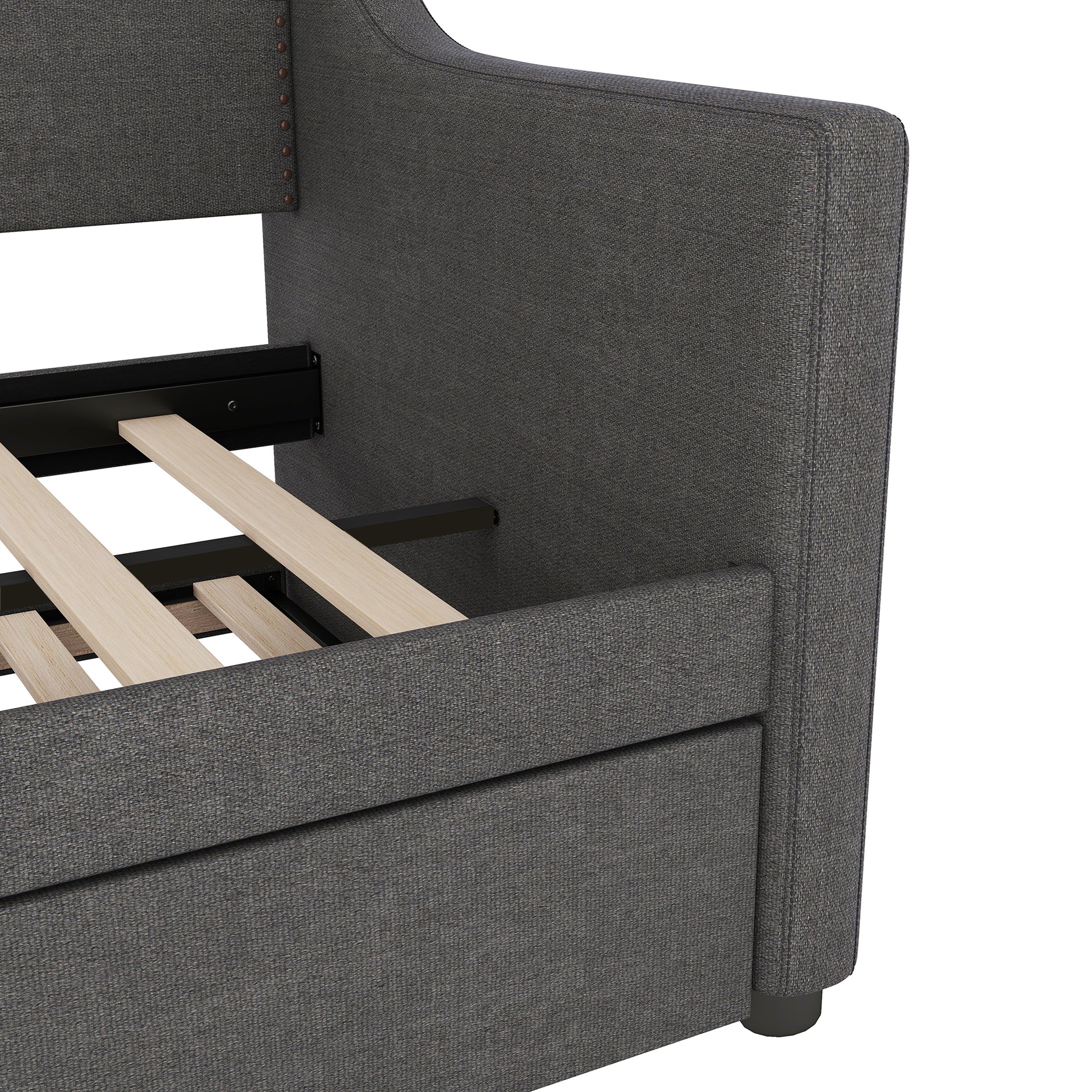 Twin Size Daybed With Trundle Bed, Upholstered Daybed With Charging Station And Led Lights, Gray Twin Gray Linen