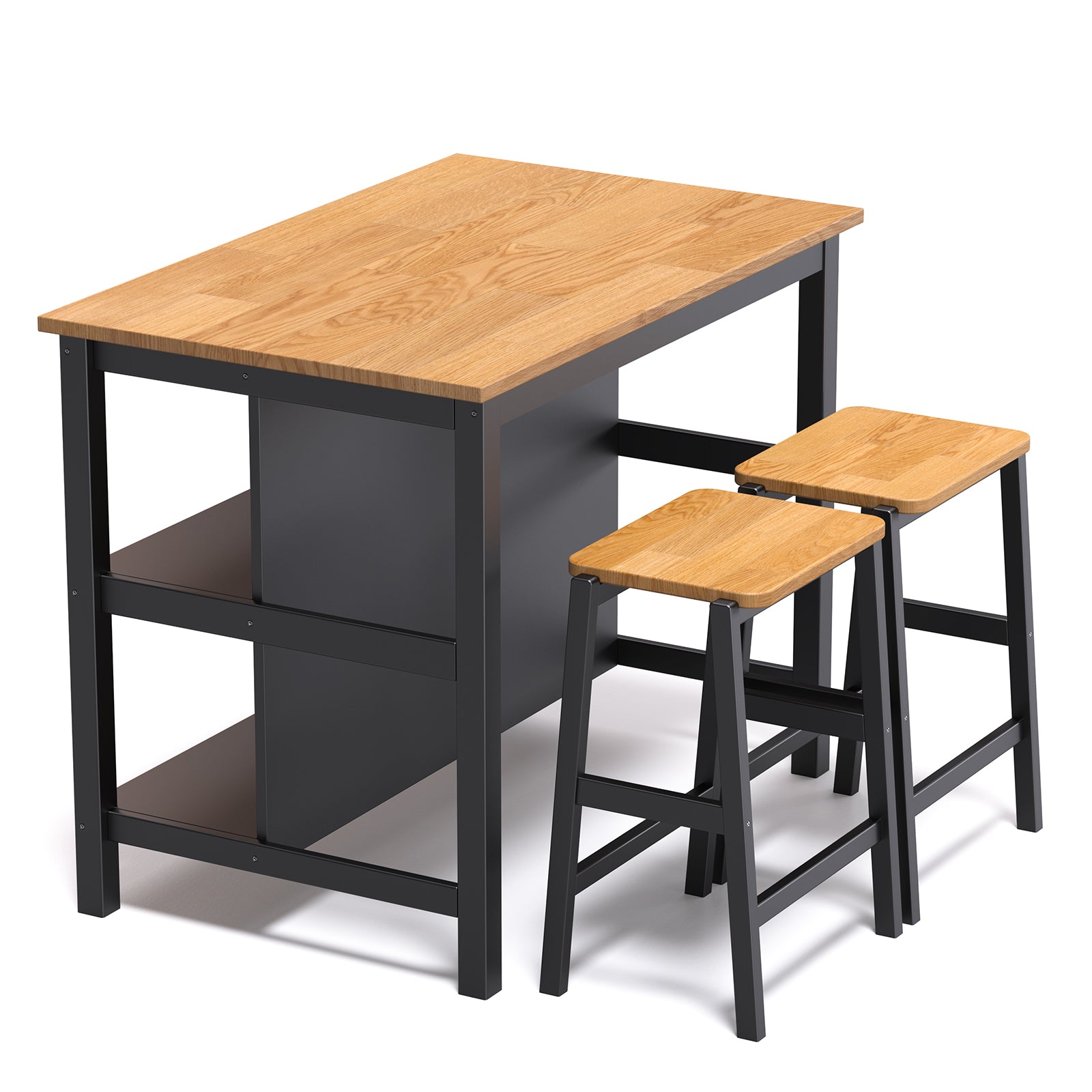 3 Pcs Dining Table Set Rustic Retro Breakfast Table Dining Stools Rubberwood For 2 With Two Open Shelves For Small Space Kitchen Dining Room W69165661 Black Rubber Wood