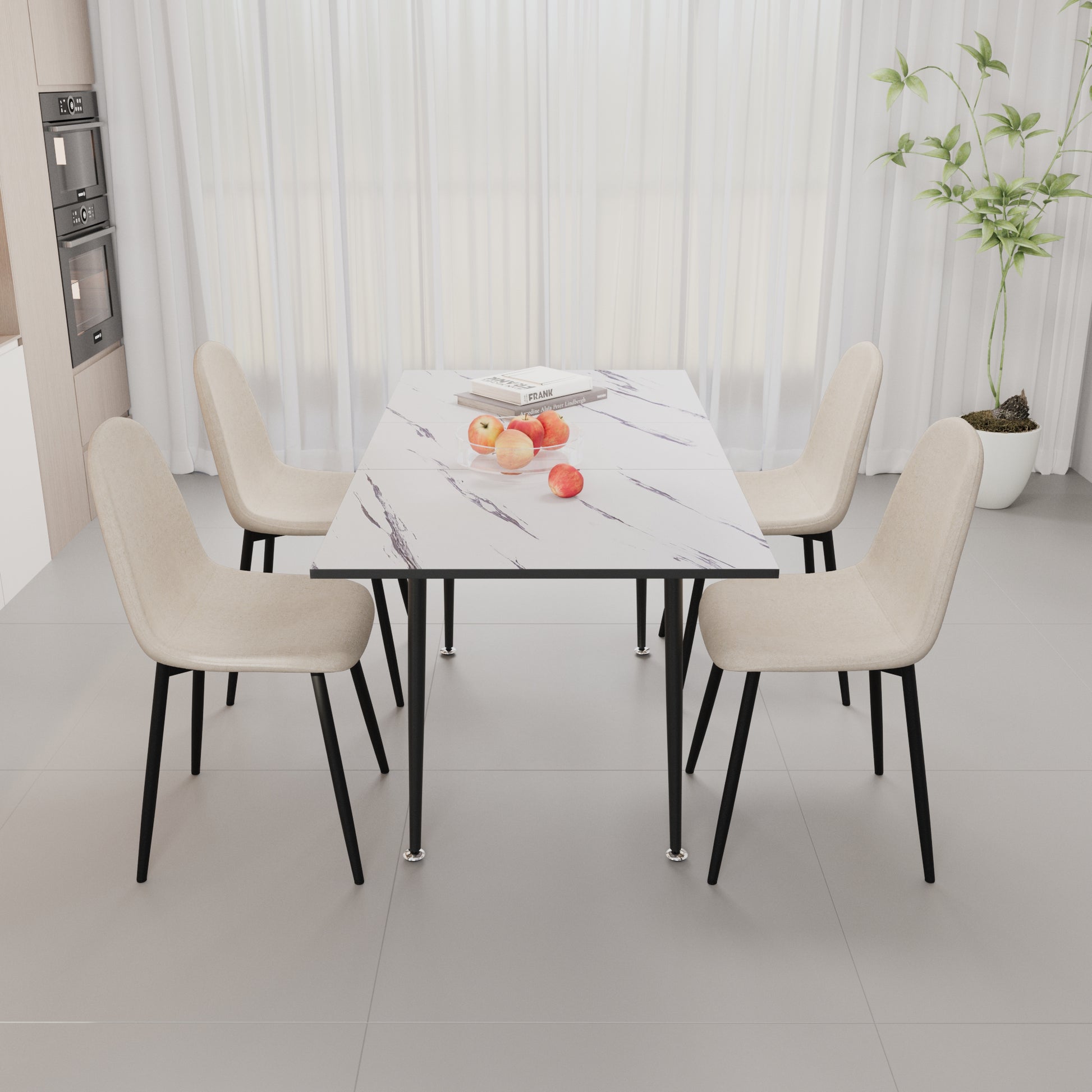 Scalable Mdf Modern Dining Table And Chair Set, Suitable For 2 6 People, White Dining Table And Modern Beige Round Dining Chair 4 Piece Set, Medieval Dining Table Set, Metal Base And Linen Chair