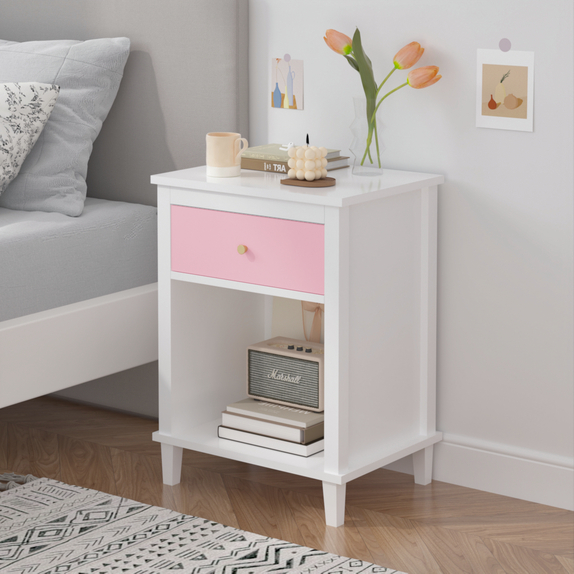 26.77''H Wooden Nightstand With One Drawer One Shelf For Kids, Adults, Pink Pink Mdf