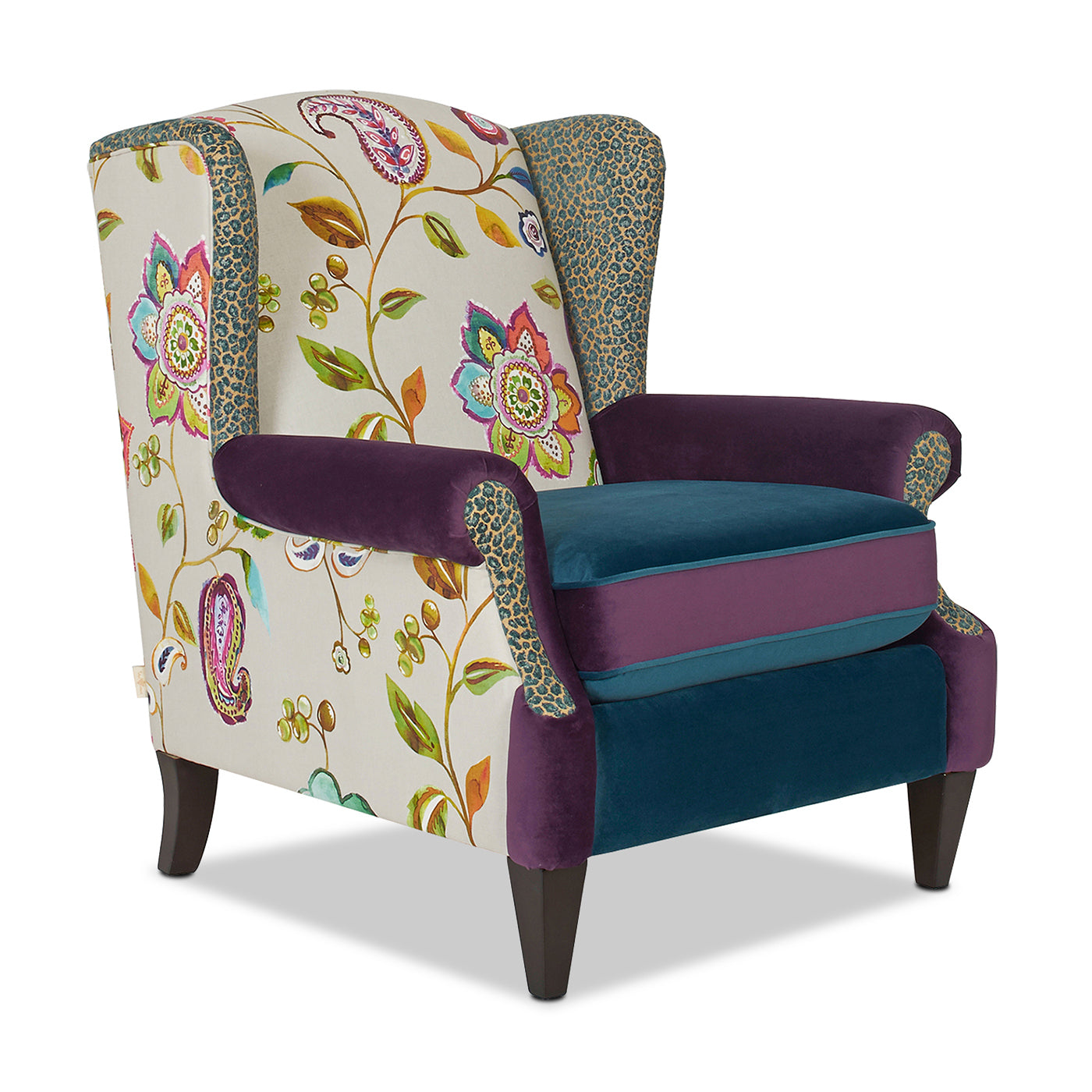 Anya Boho Chic Wingback Accent Arm Chair, Floral & Leopard, Blue Teal & Purple Velvet Teal Multi Foam Fabric