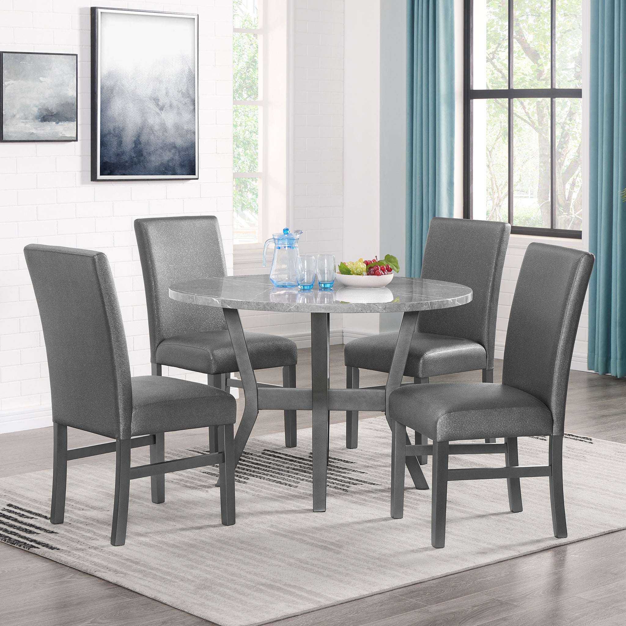 Beautiful 5 Pc Round Gray Stone Table Glitter Gray Finish Upholstered Chairs Dining Room Wooden Dining Set Furniture Transitional Style Wood Wood Gray Seats 4 Wood Dining Room Fixed Table Transitional 4 Leg Round Dining Table With Chair Wood